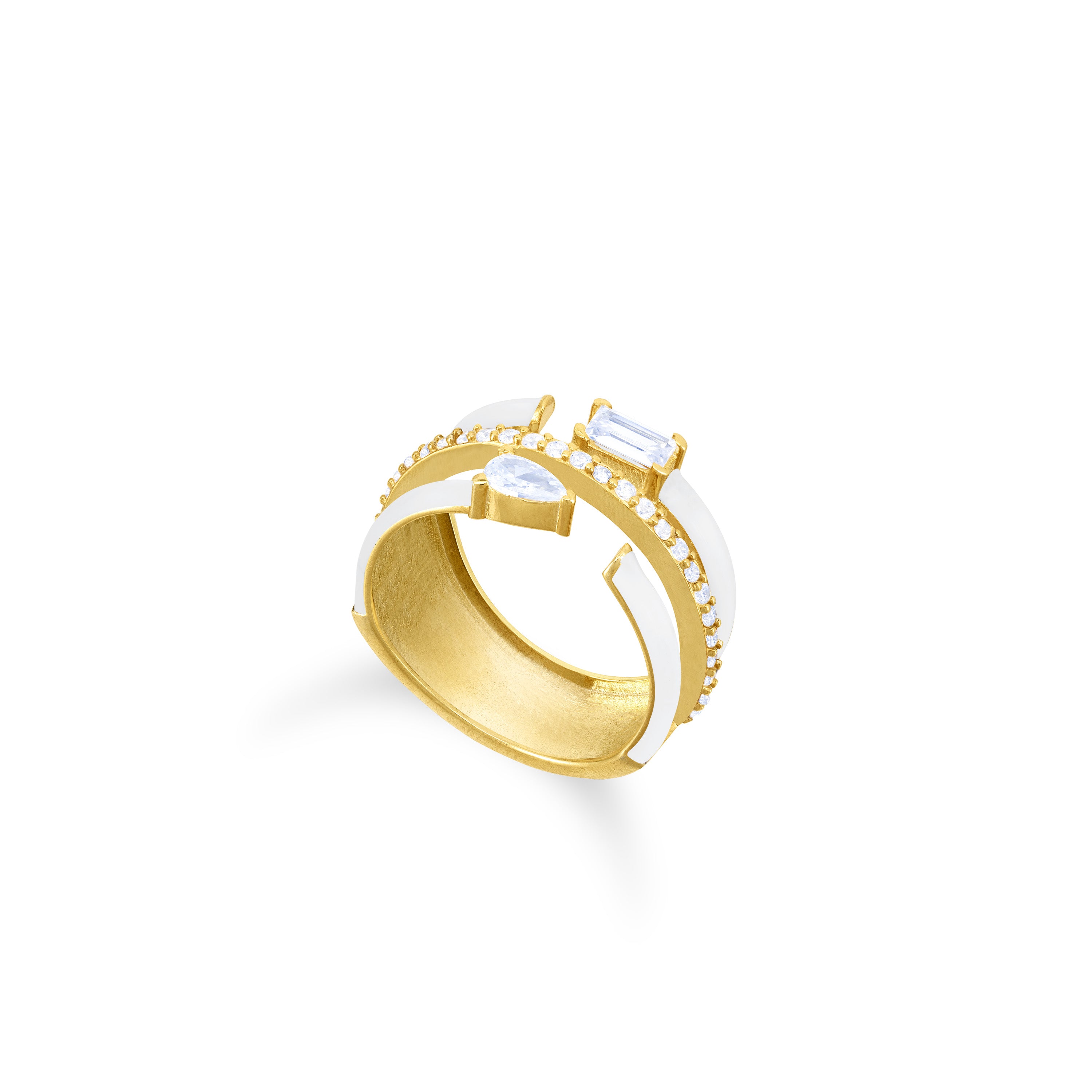 Multishape Triple Row Close Enamel Statement Ring - Gold White