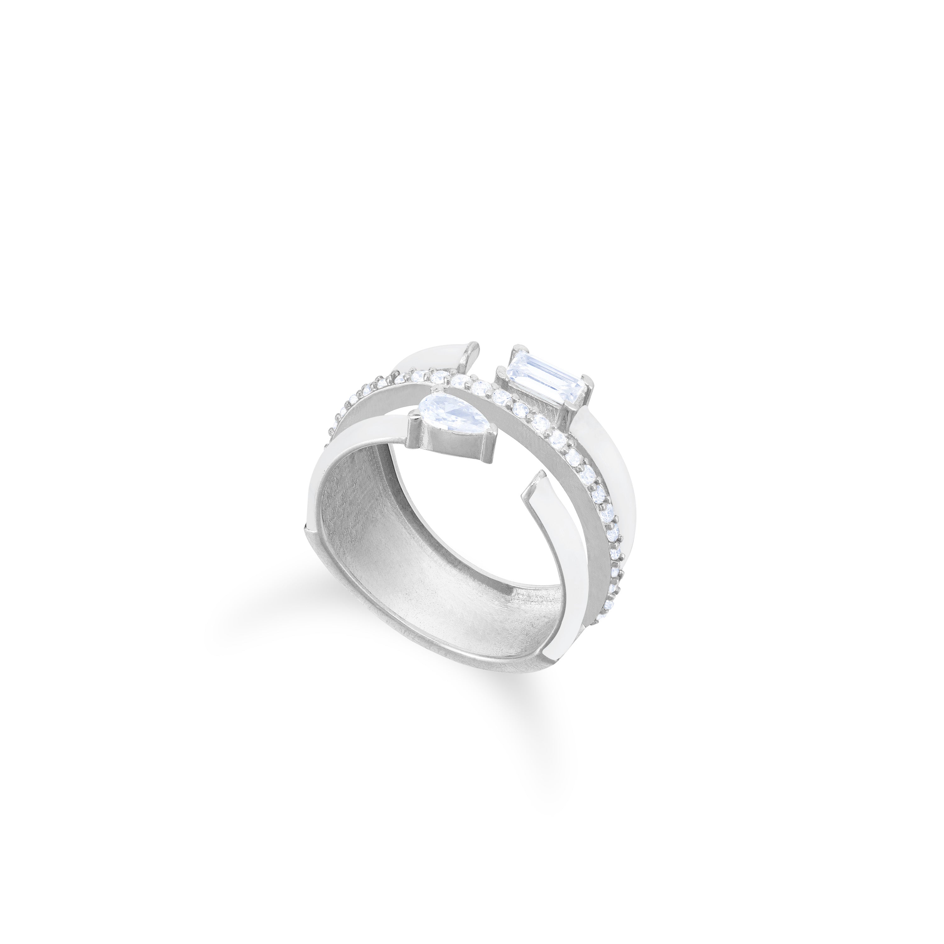Multishape Triple Row Close Enamel Statement Ring - Silver White