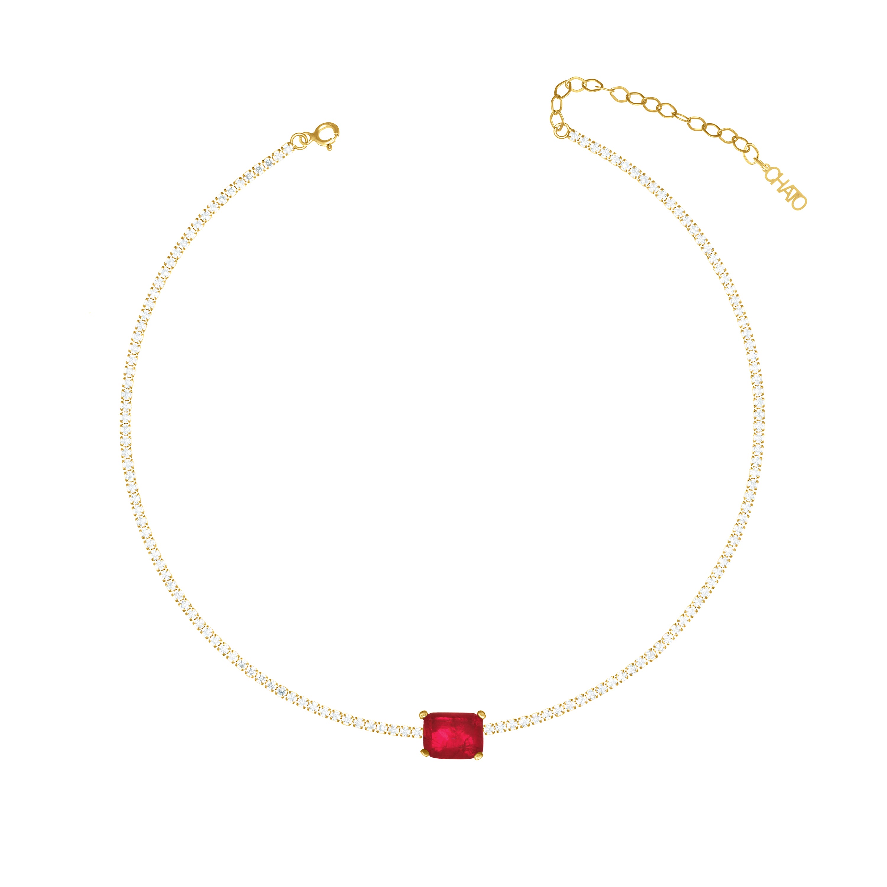 One Big Rectangle Horizontal Tennis Choker - Gold Ruby Matt And White