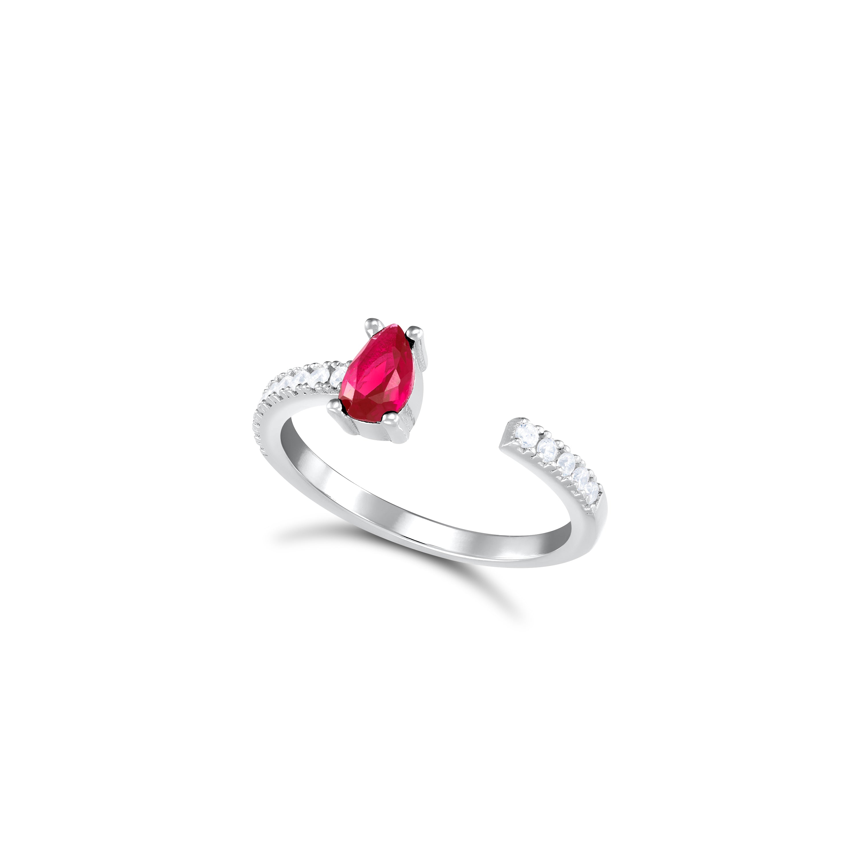 One Side Teardrop One Side Line CZ Ring - Silver Fuschia And White