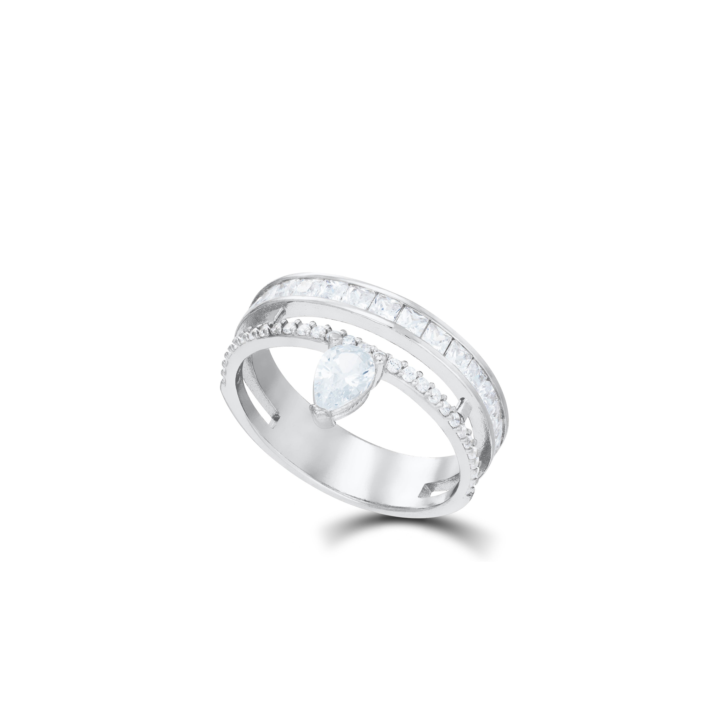 One Teardrop Double Line Cz Princess Cut Ring