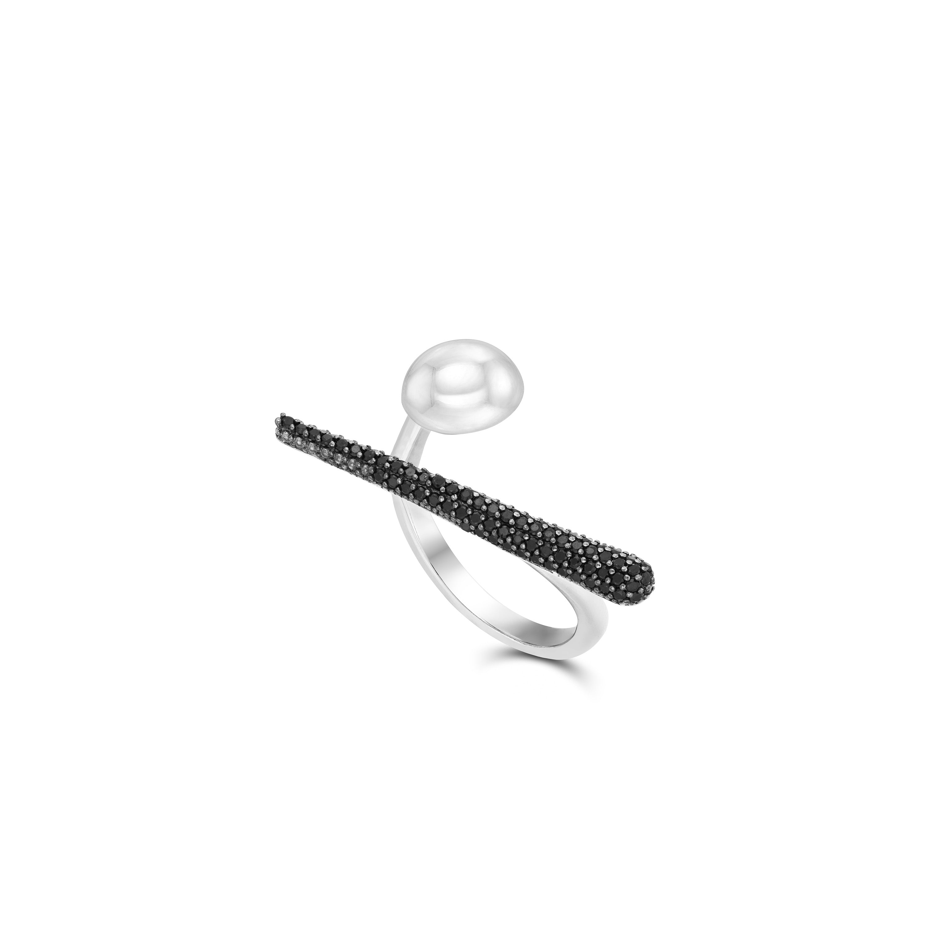 Pave Bar and Ball Geometric Ring - Silver Black