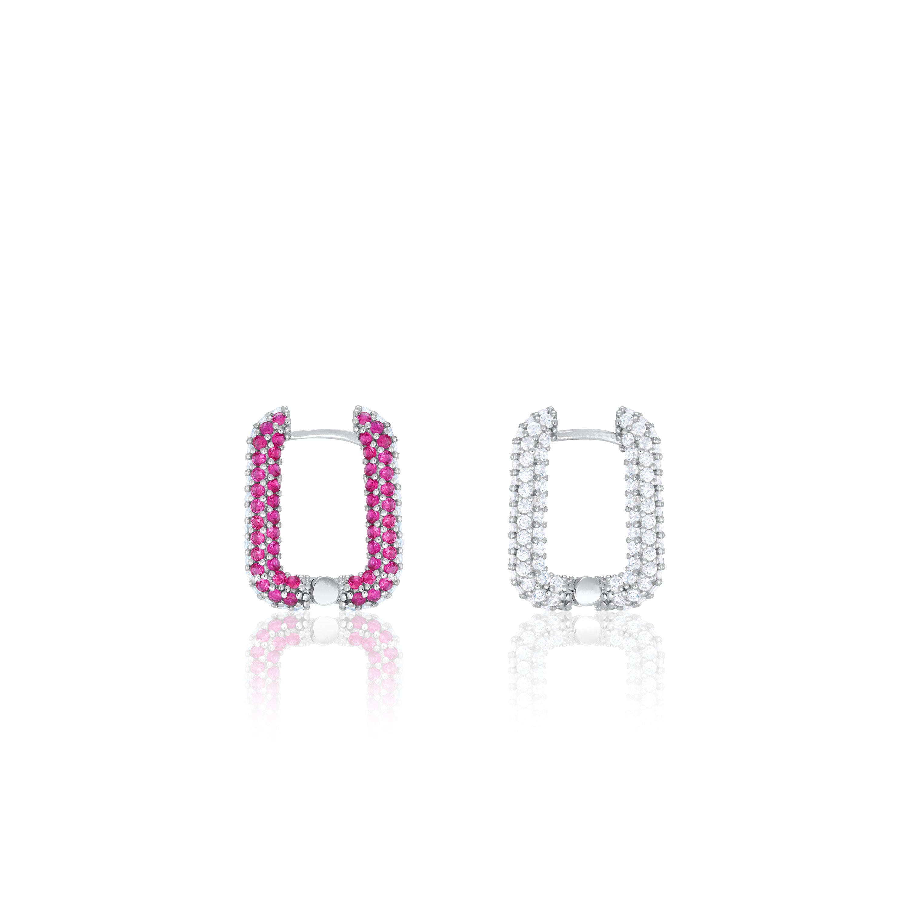 Pave Rectangular Hoop Earrings - Silver Half Fuchsia Half White - Full Pave
