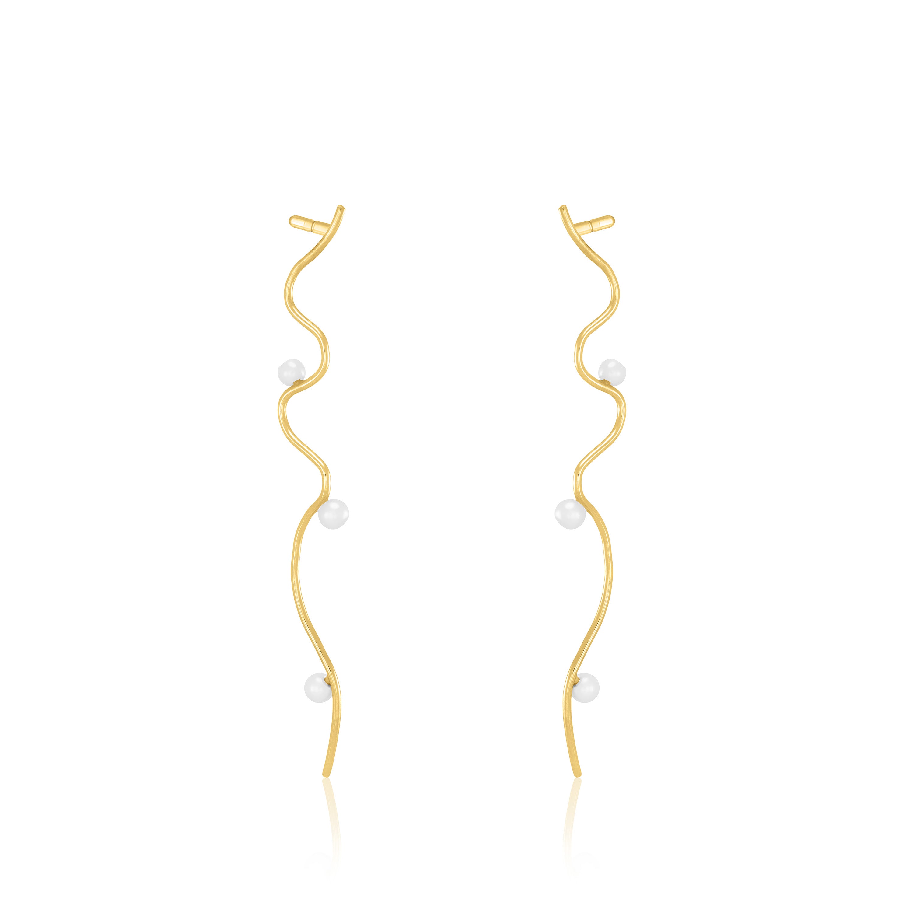 Pearl Wavy Wire Dangle Earrings - Gold White