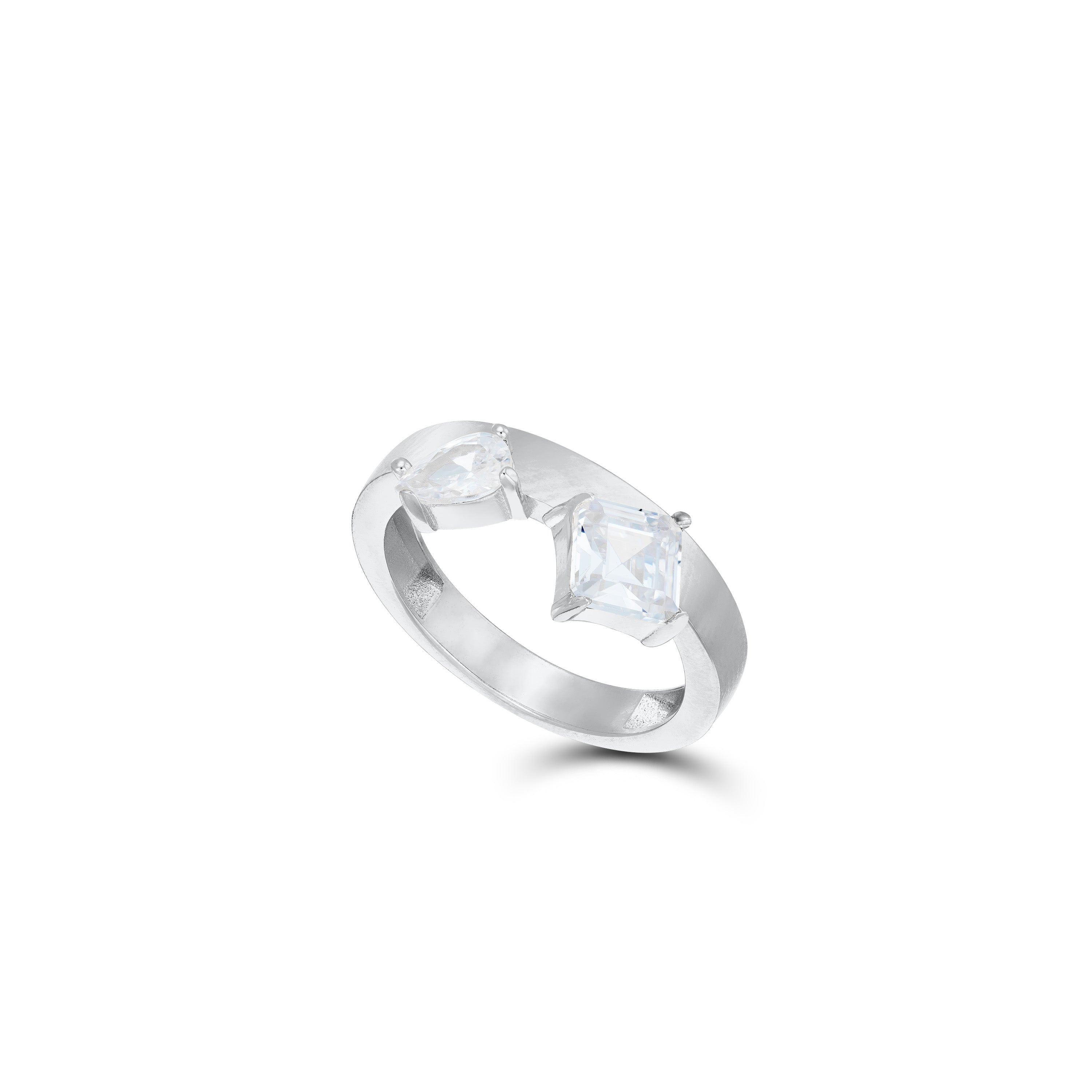 Princess Cut And Teardrop Band Ring - Silver White