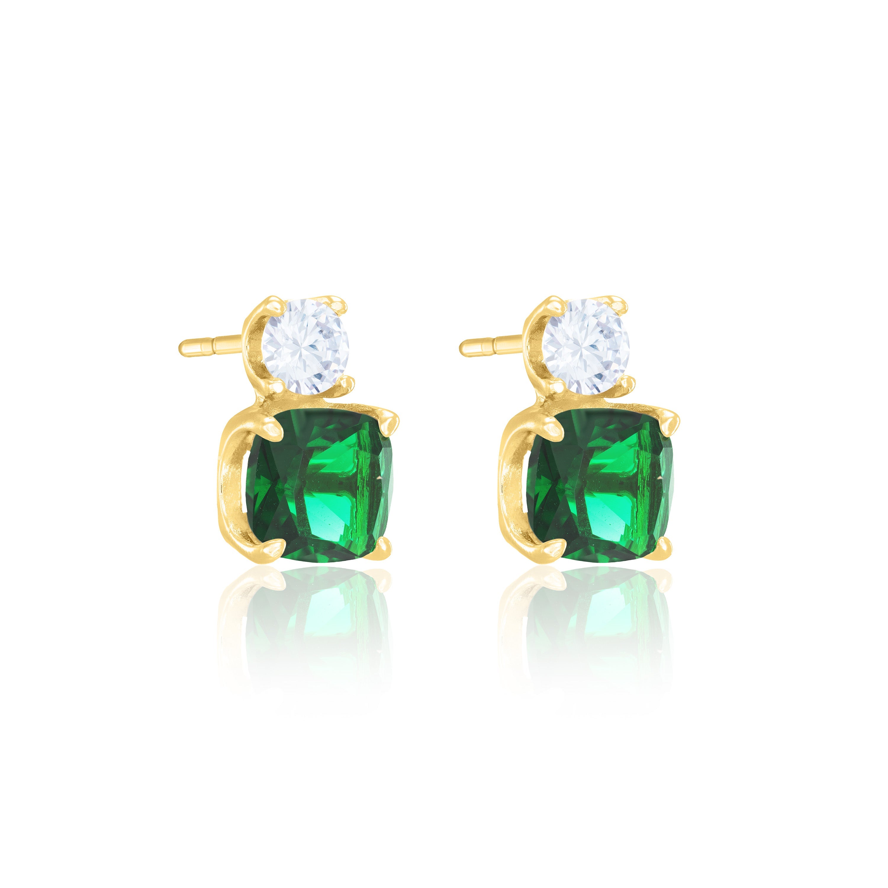 Round And Square Drop Cz Earrings - Gold Green And White
