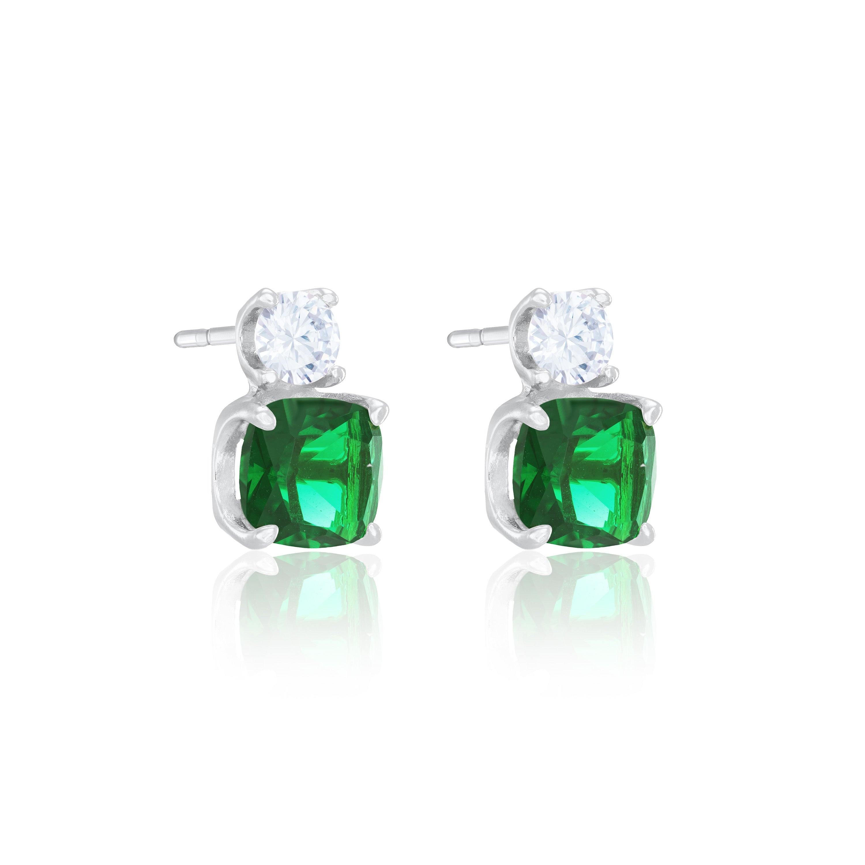 Round And Square Drop Cz Earrings - Silver Green And White