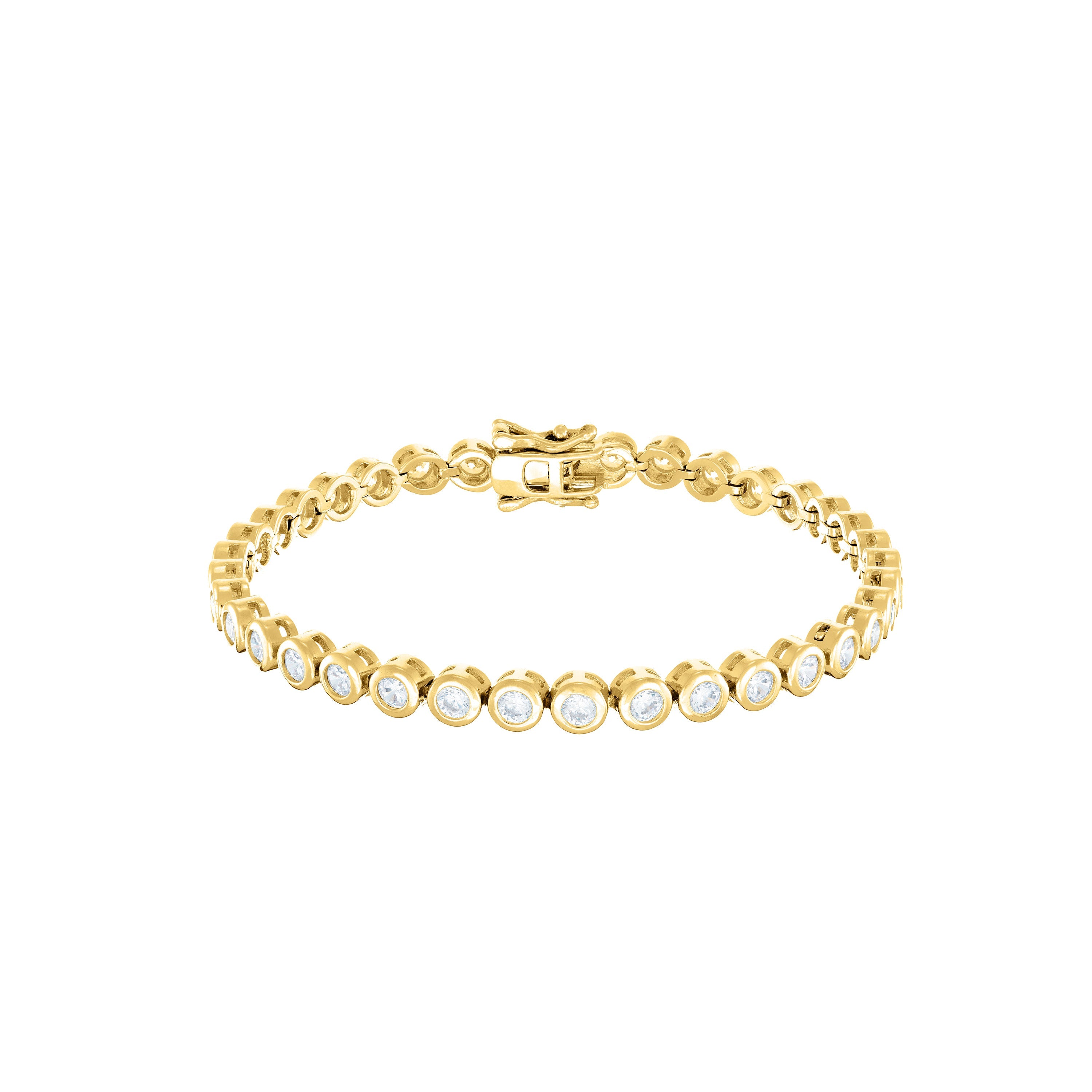 Round Bezel Cz Tennis Bracelet With Box Clasp - Gold White - 3mm