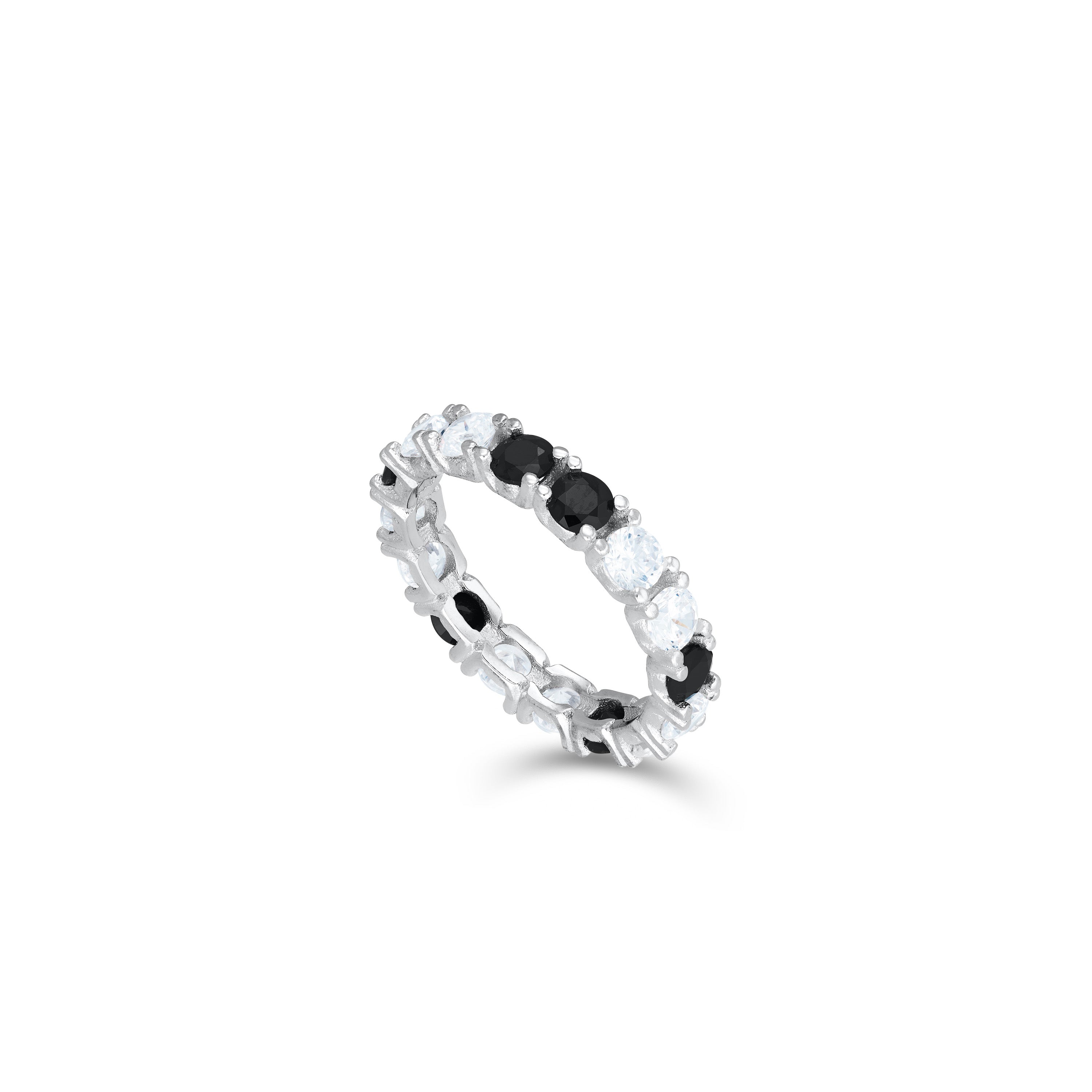 Round Cubic Zirconia Eternity  Ring - Silver Dot Black And White