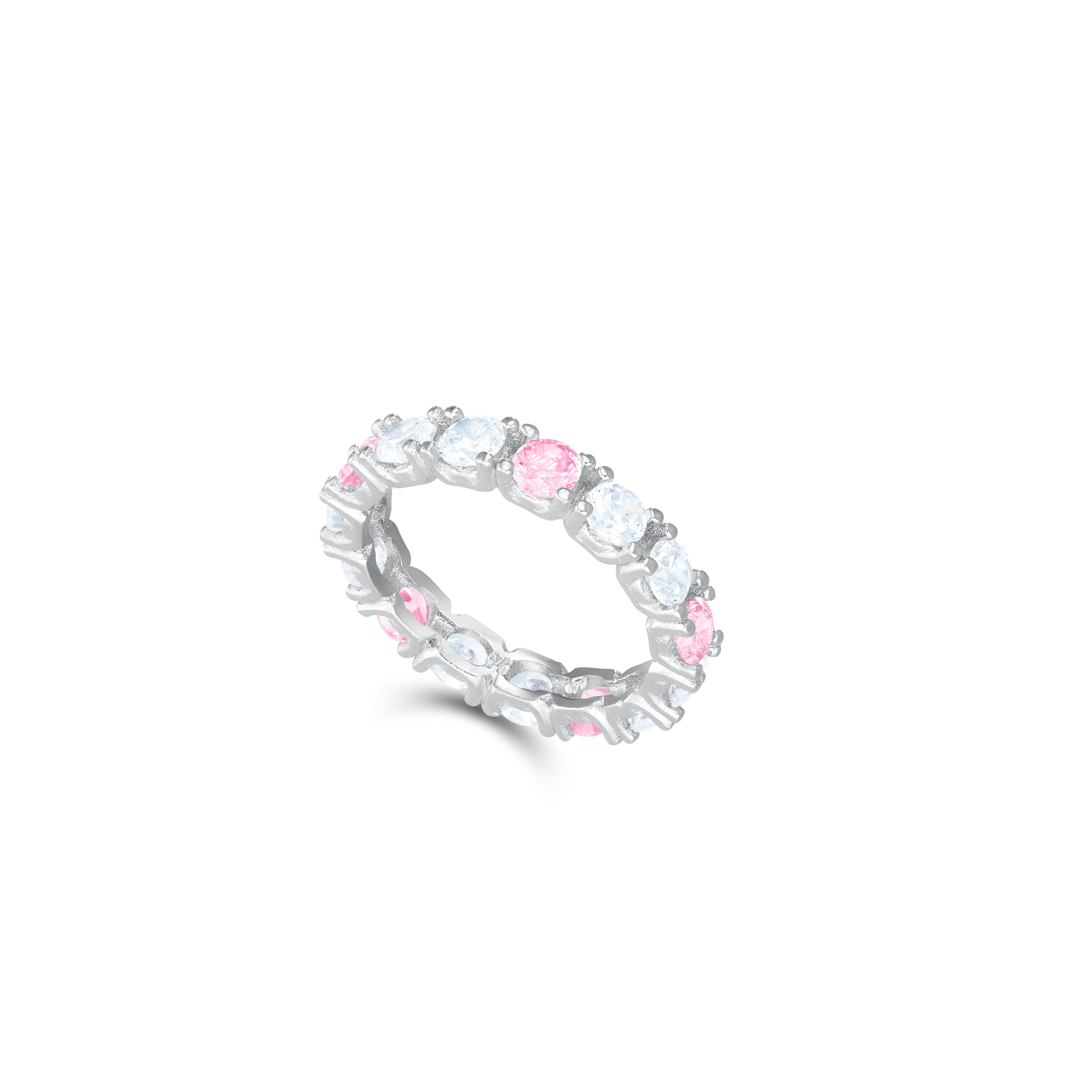 Round Cubic Zirconia Eternity  Ring - Silver Dot Light Pink And White