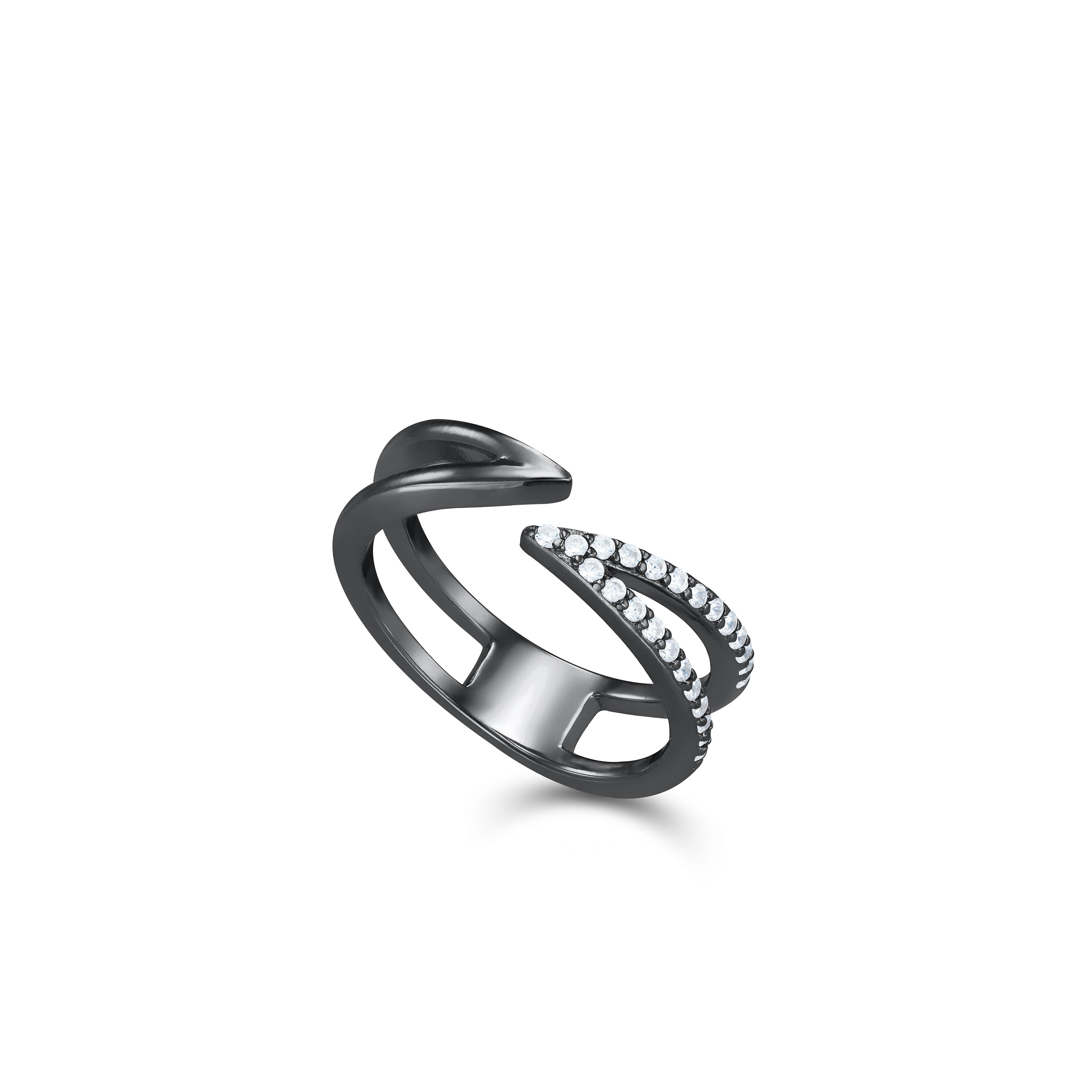 Side Cubic Zirconia V Shape Open Wrap Ring - Black Rhodium White
