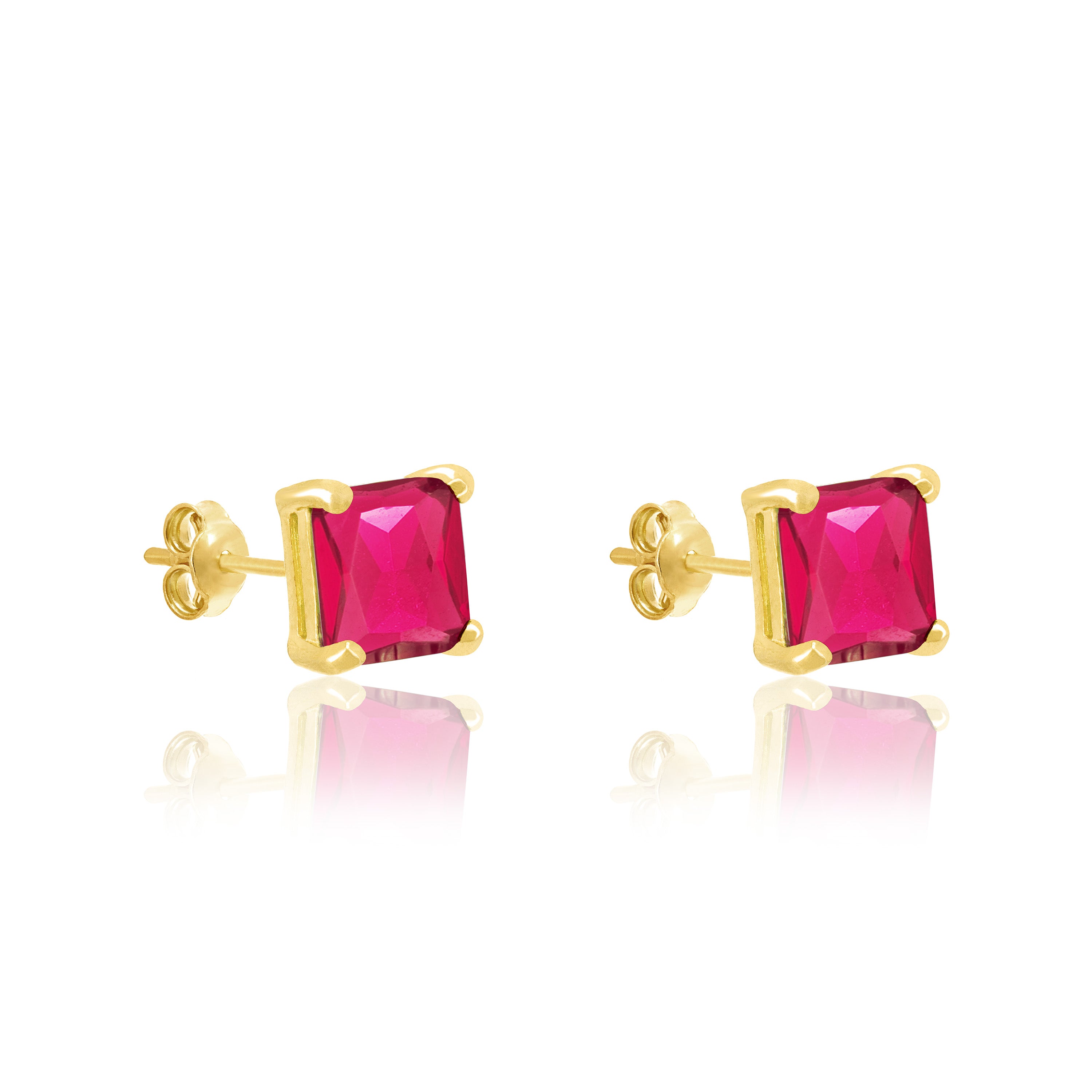 Square Stud Earrings - Gold Ruby Cz