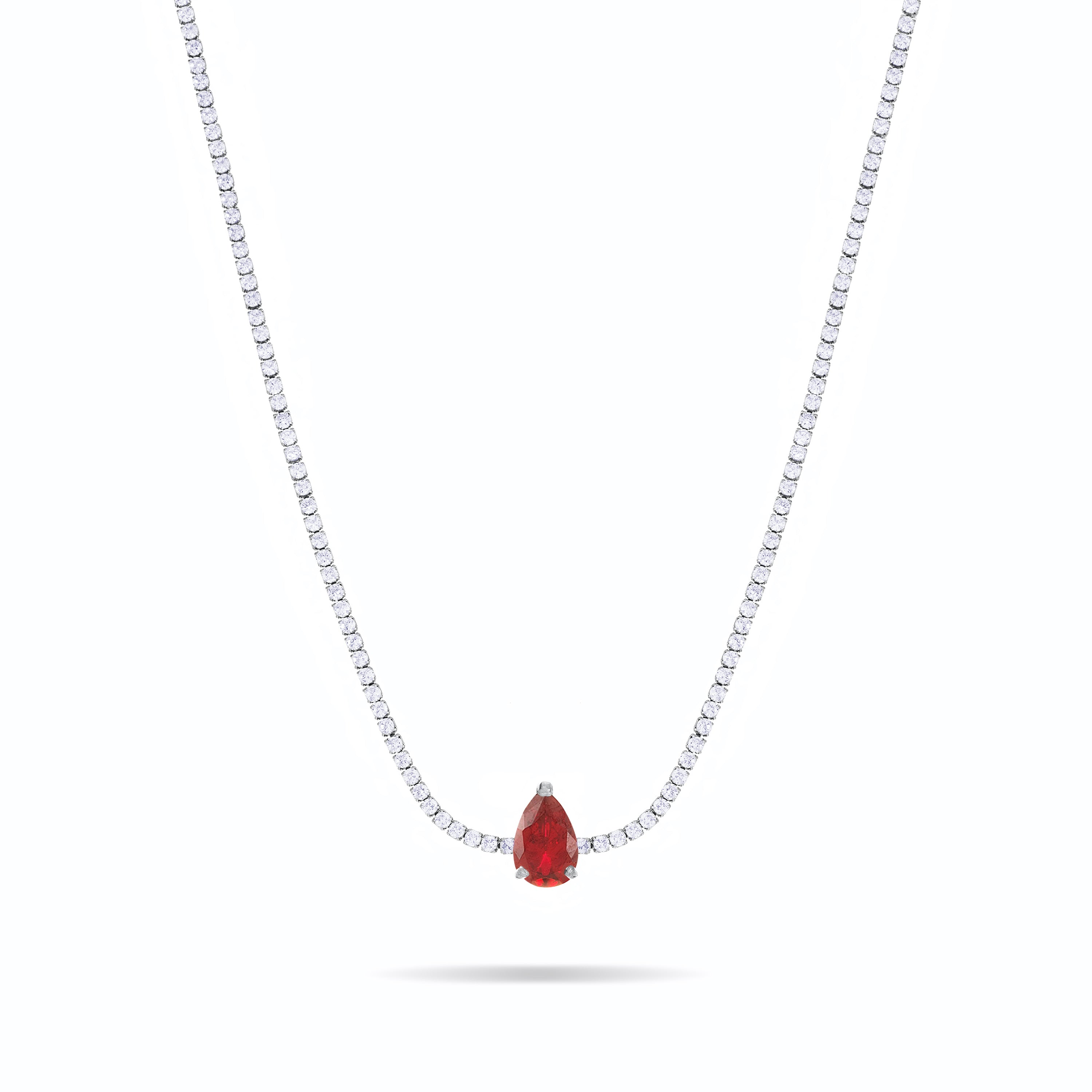 Teardrop Tennis Choker With Paraiba Stone - Silver Ruby CZ And White - Big Teardrop