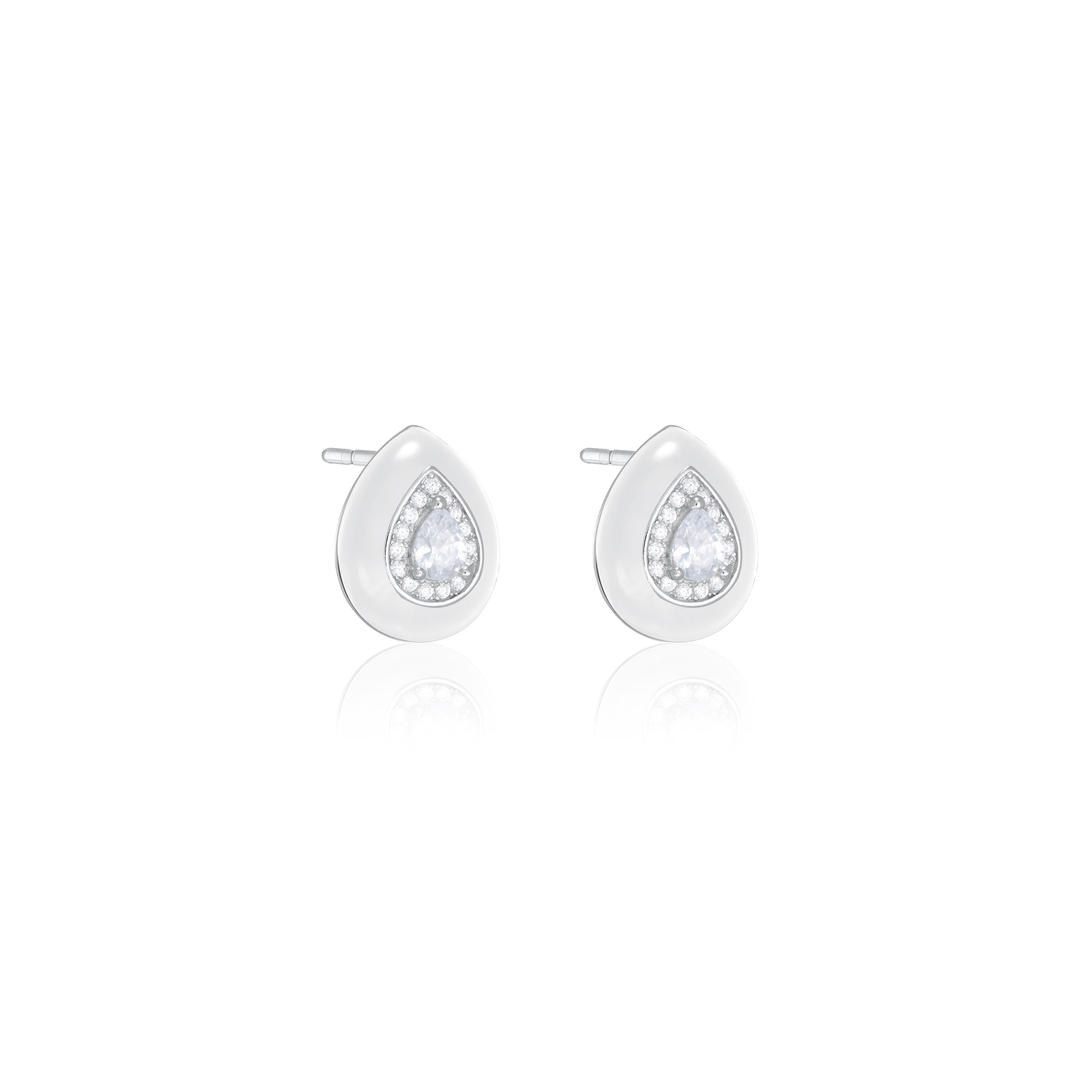 Teardrop With Enamel Stud Earrings - Silver White