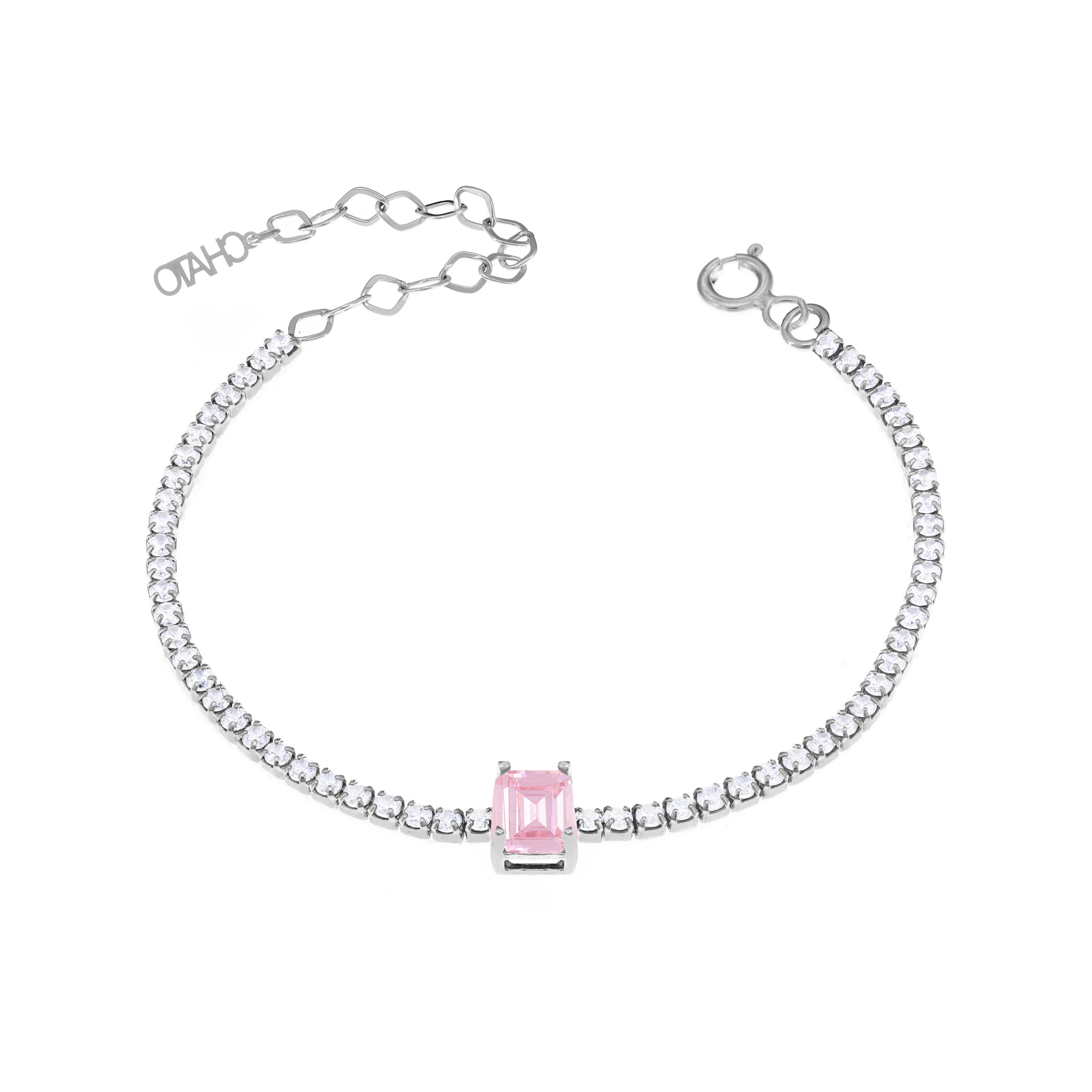 Tennis Bracelet With Center Square Stone - Silver Light Pink And White
