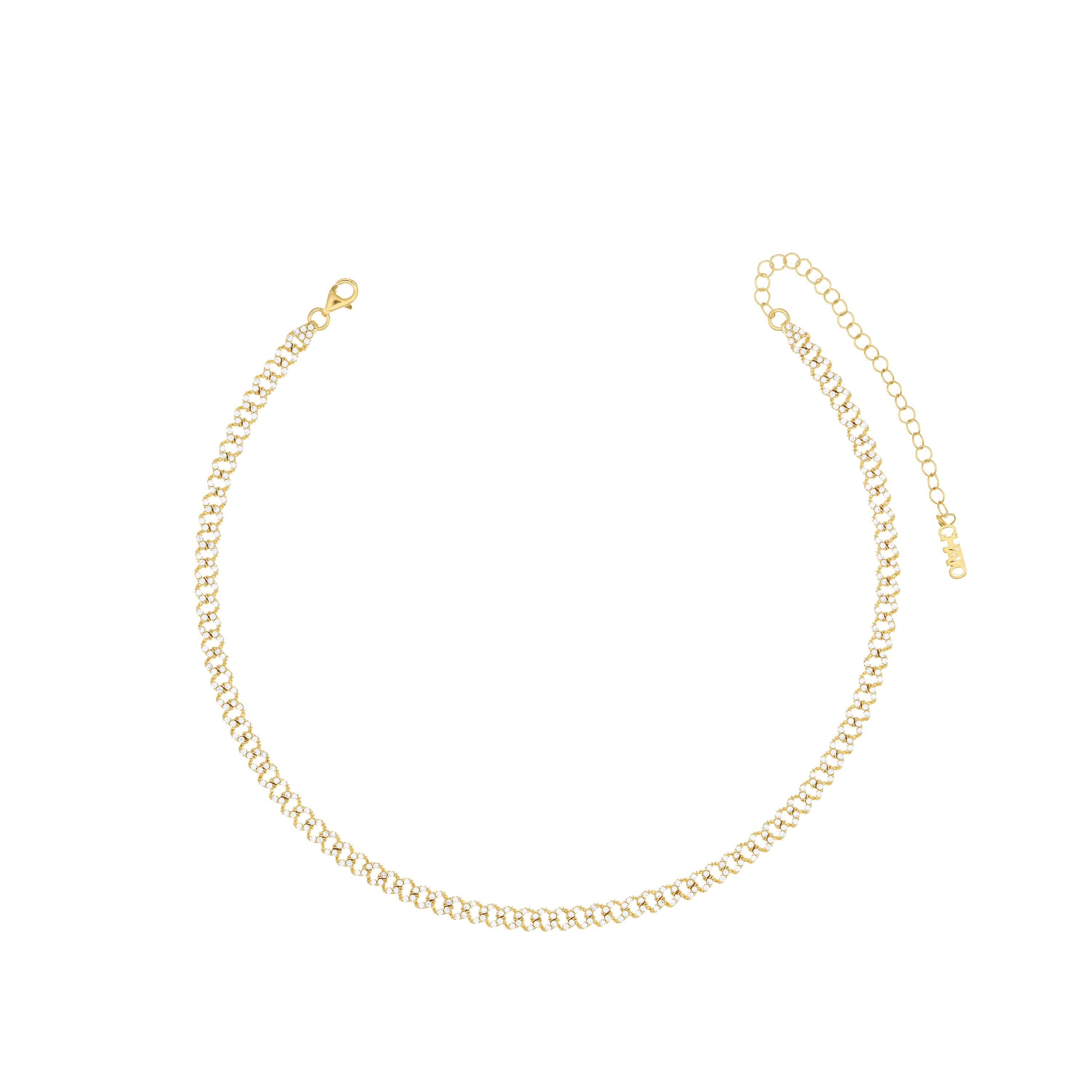 Thin Cubic Zirconia Pave Cuban Link Chain Choker - Gold White