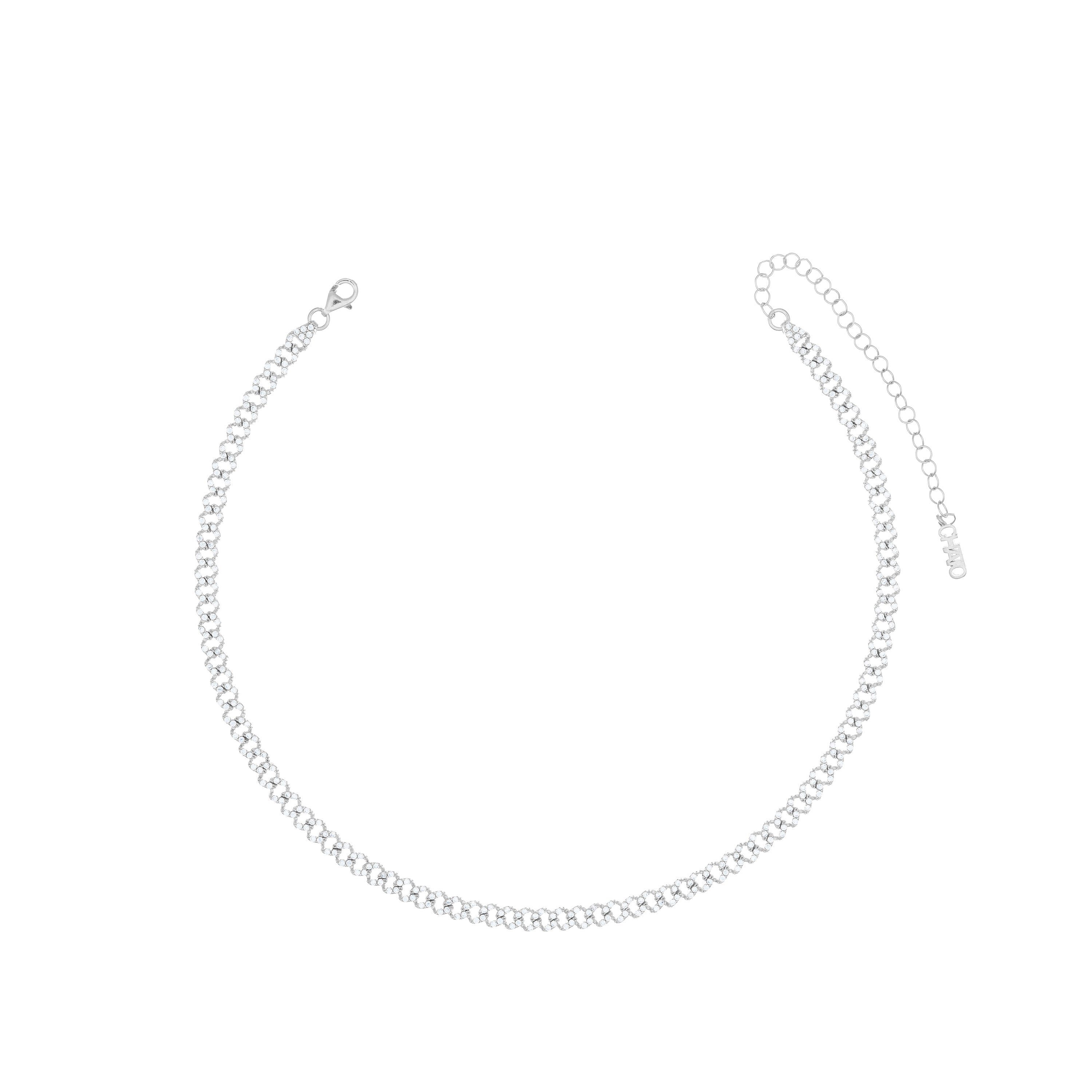 Thin Cubic Zirconia Pave Cuban Link Chain Choker - Silver White