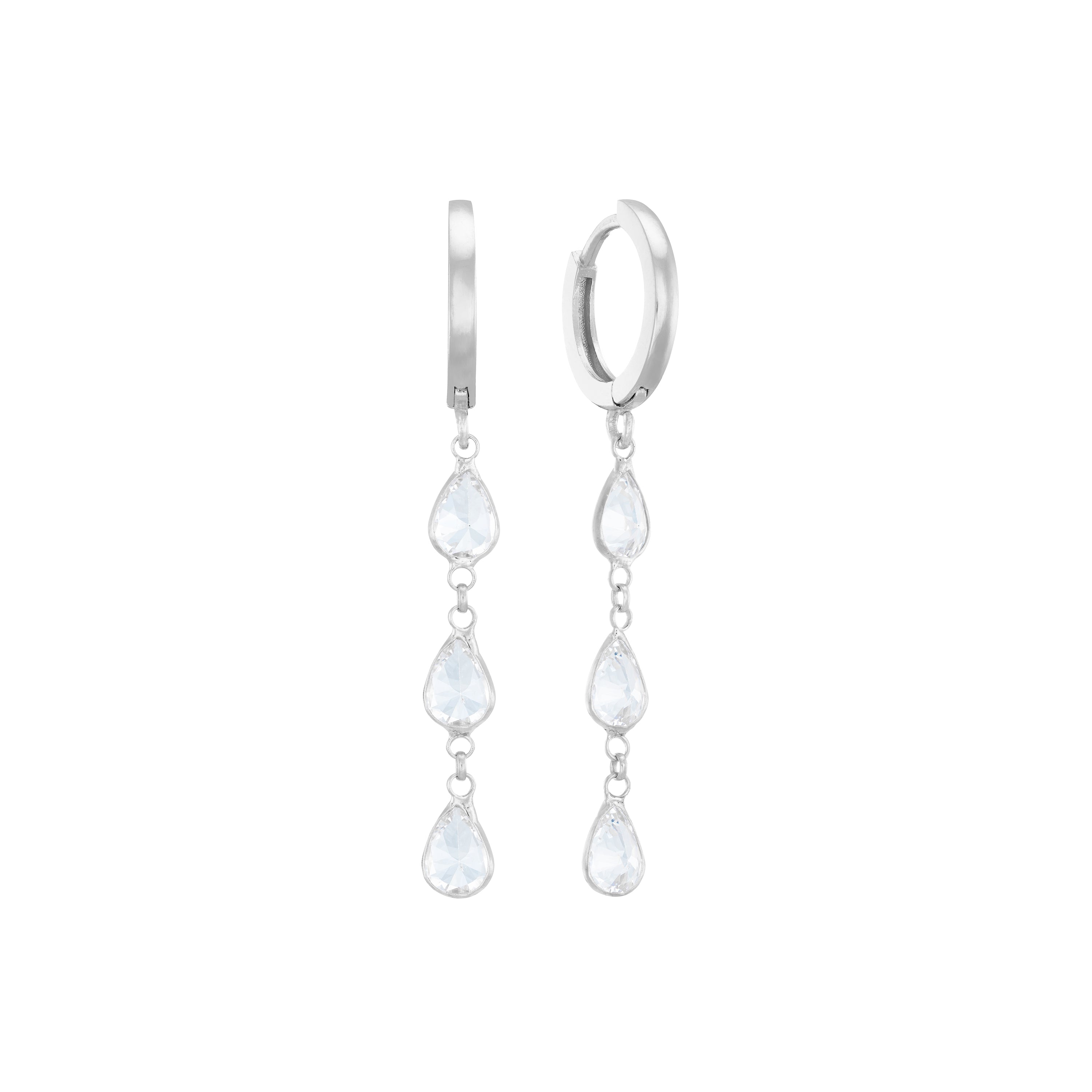 Three Bezel Teardrop Hoop Earrings - Silver White