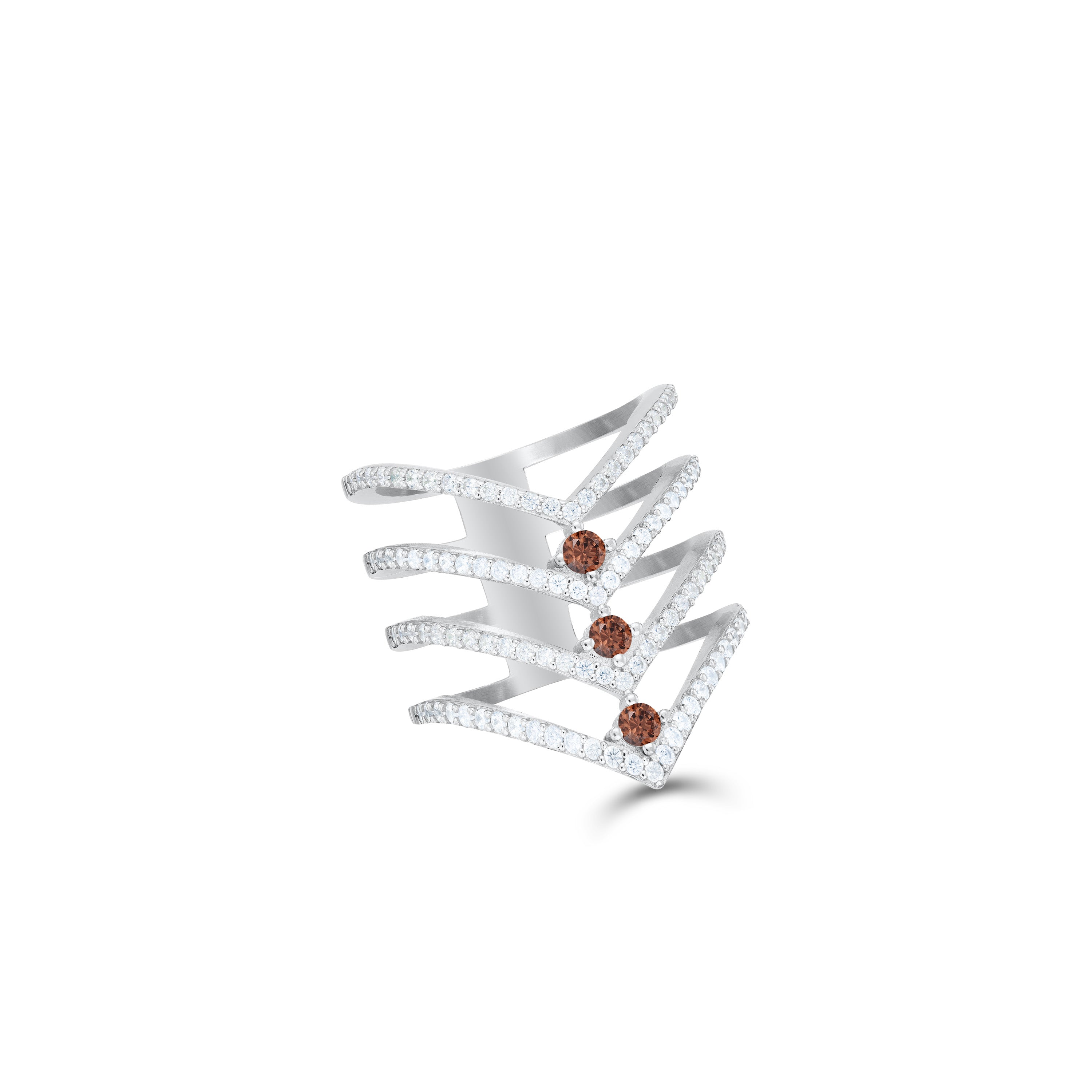 Three Dots Cz Multi Layer V-Shaped Ring - Silver Dot Brown / Line White