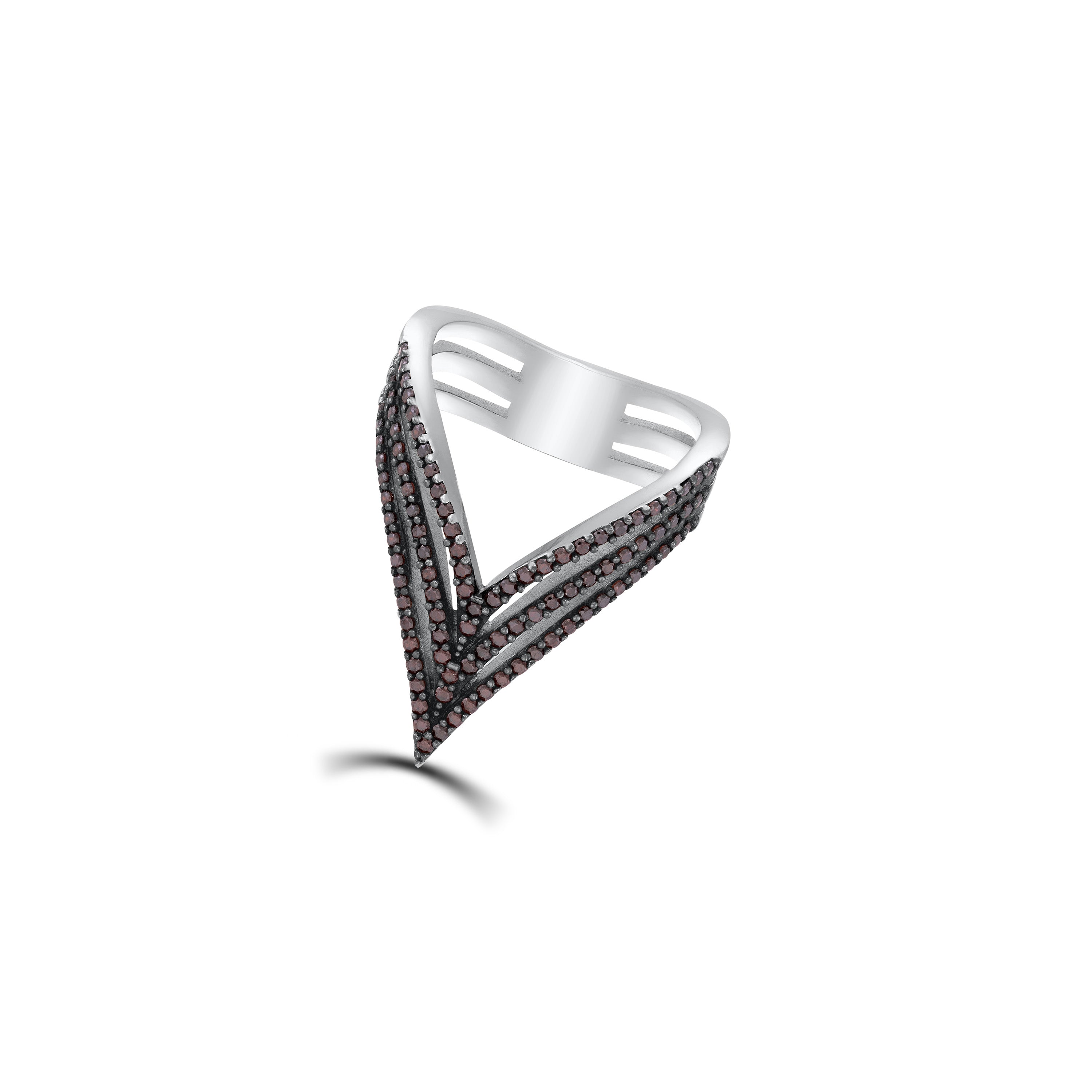 Three Layer V-Shaped Cubic Zirconia Ring - Silver Light Brown