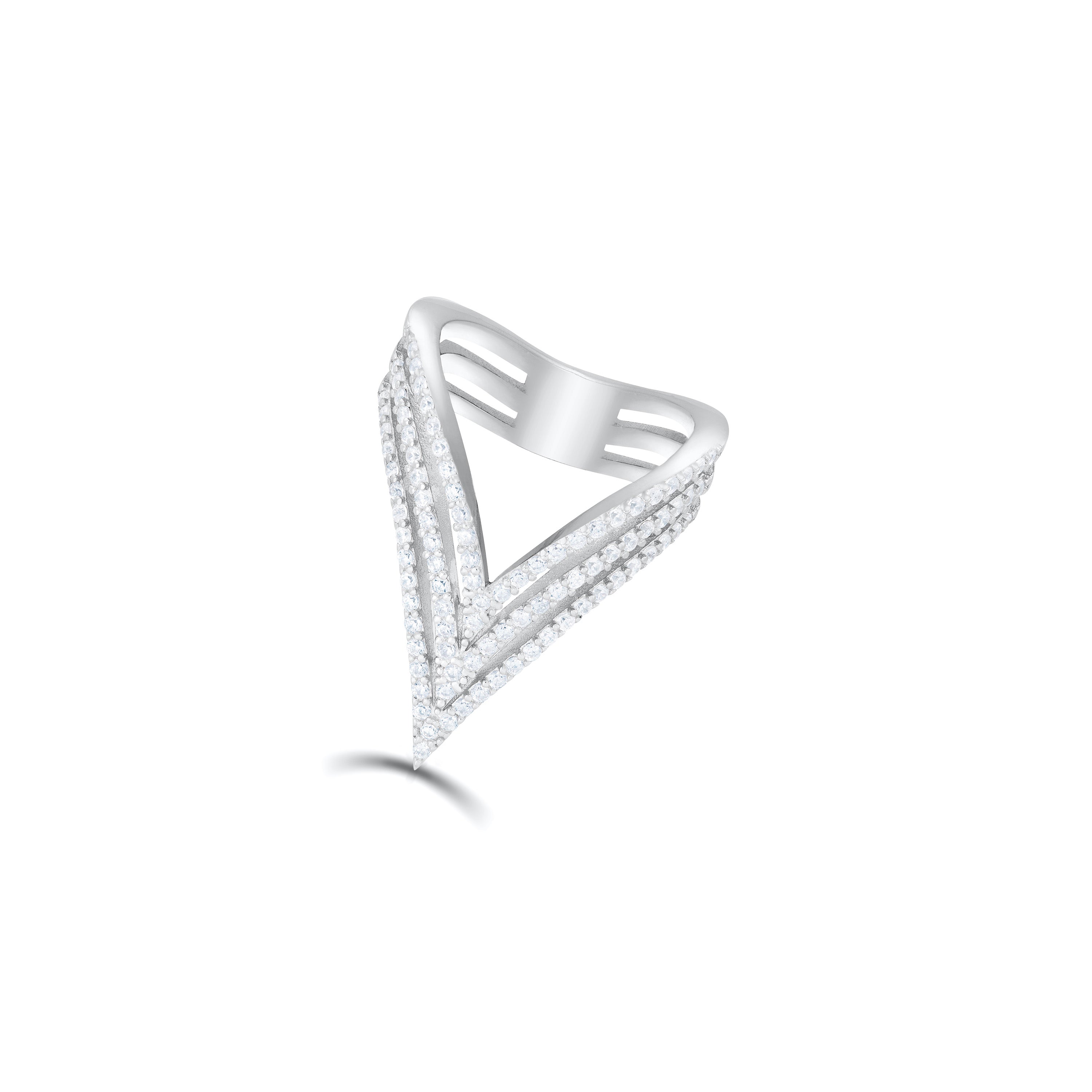 Three Layer V-Shaped Cubic Zirconia Ring - Silver White