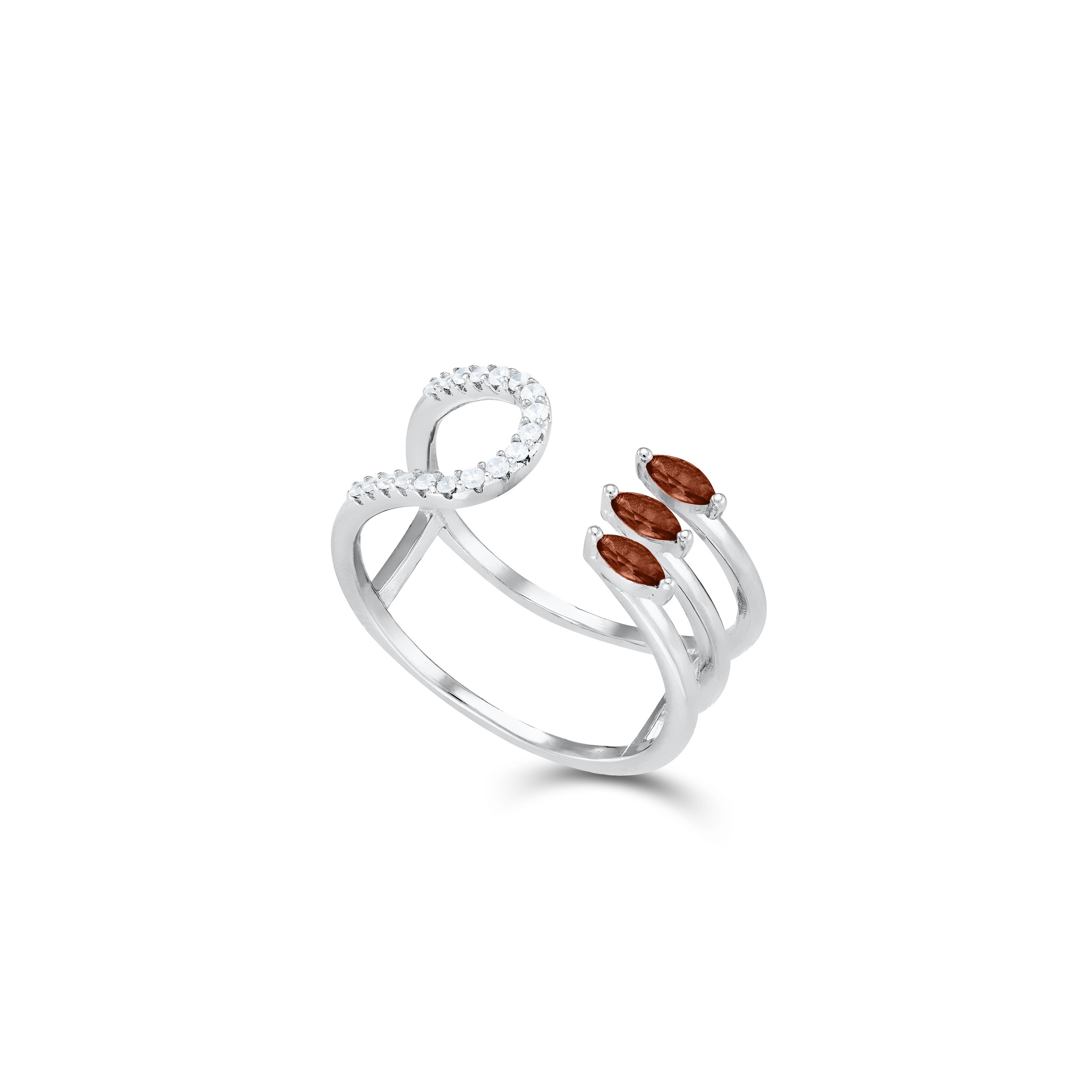 Three Marquise And Half Cz Double Line Open Ring - Silver Brown And White