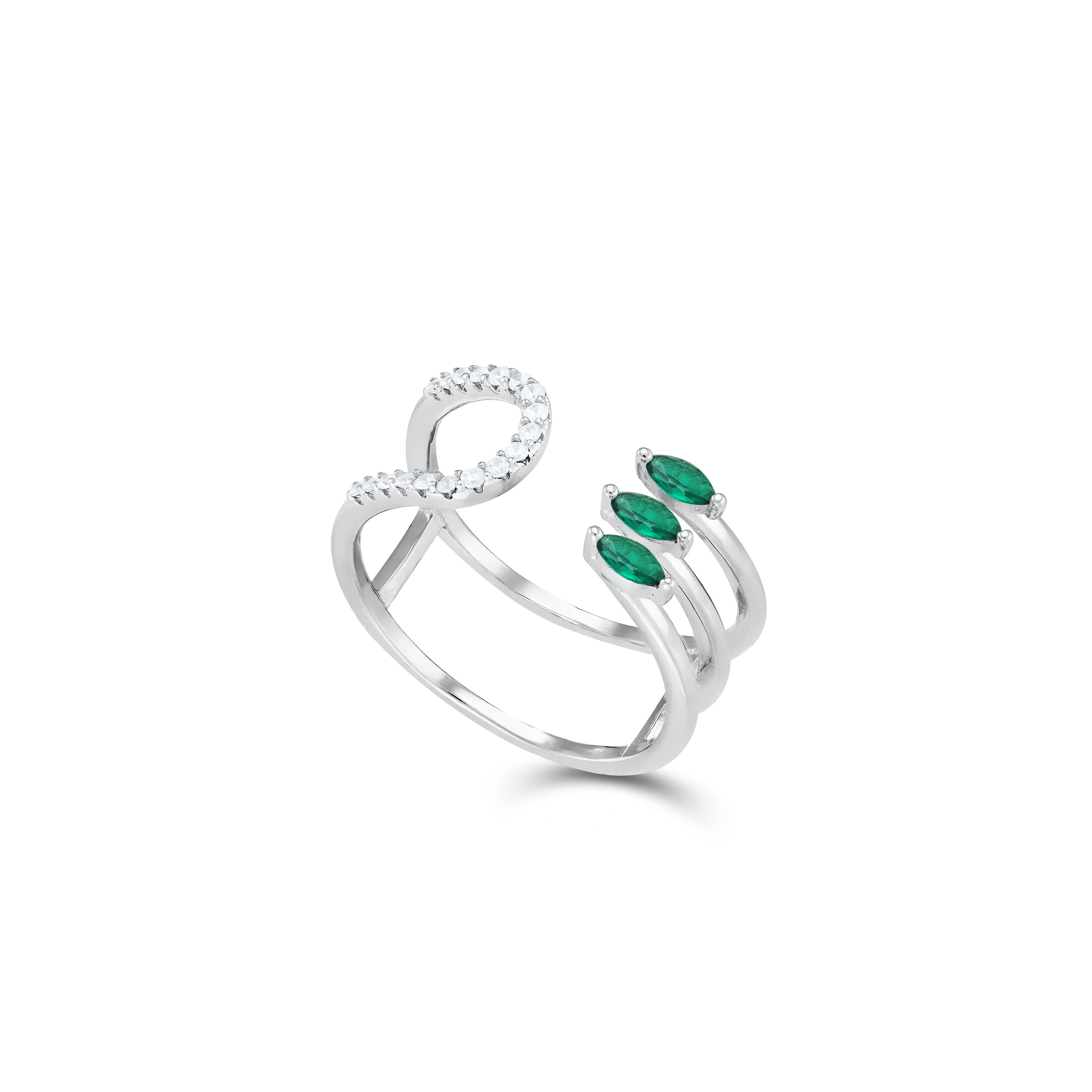 Three Marquise And Half Cz Double Line Open Ring - Silver Green And White