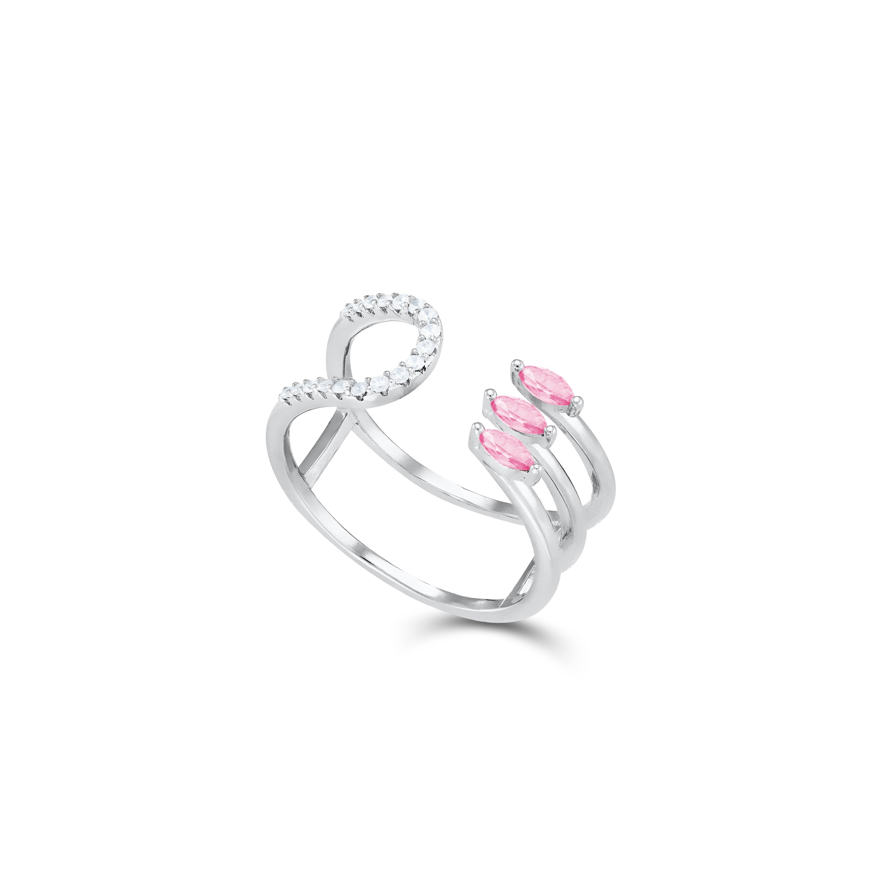 Three Marquise And Half Cz Double Line Open Ring - Silver Light Pink And White