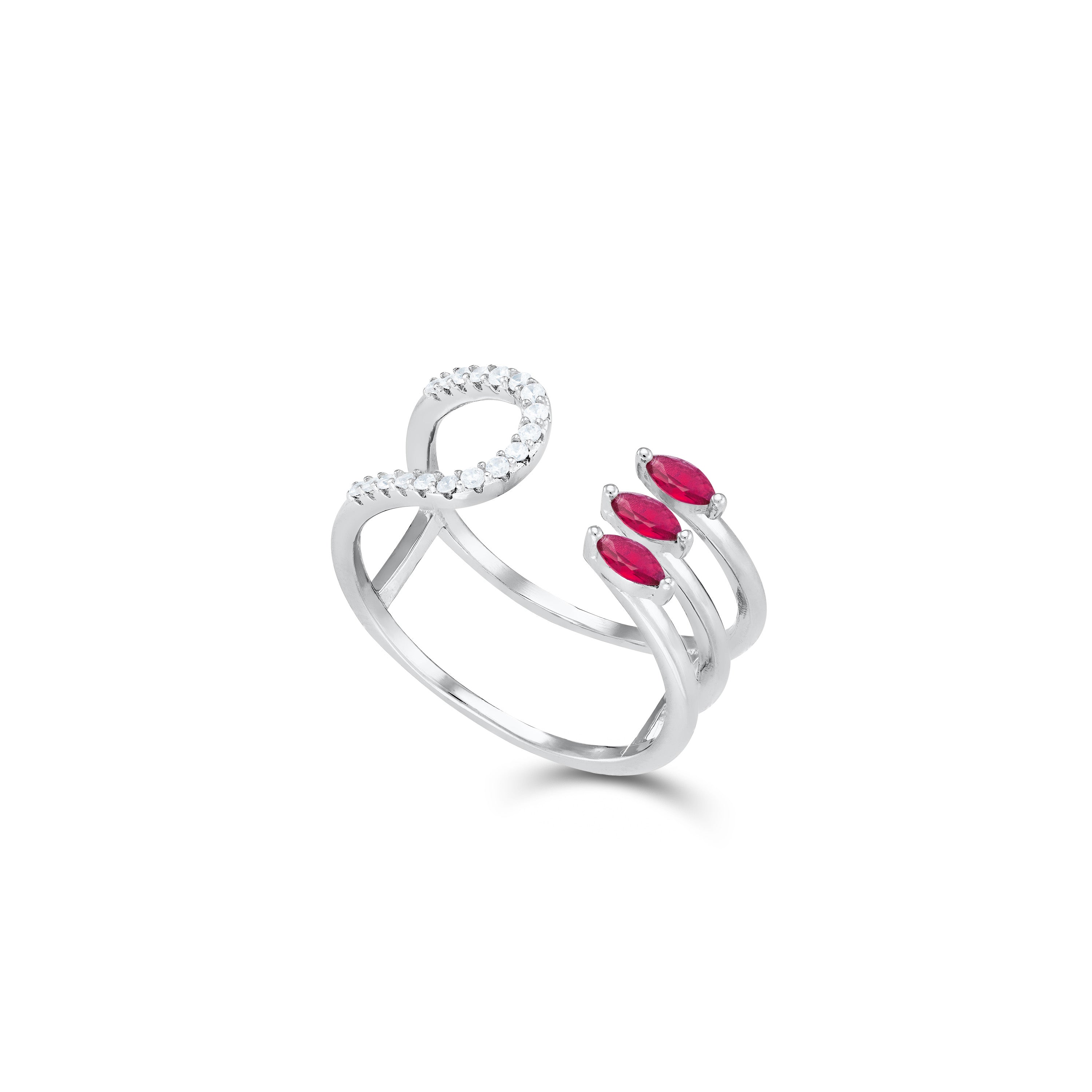 Three Marquise And Half Cz Double Line Open Ring - Silver Ruby And White