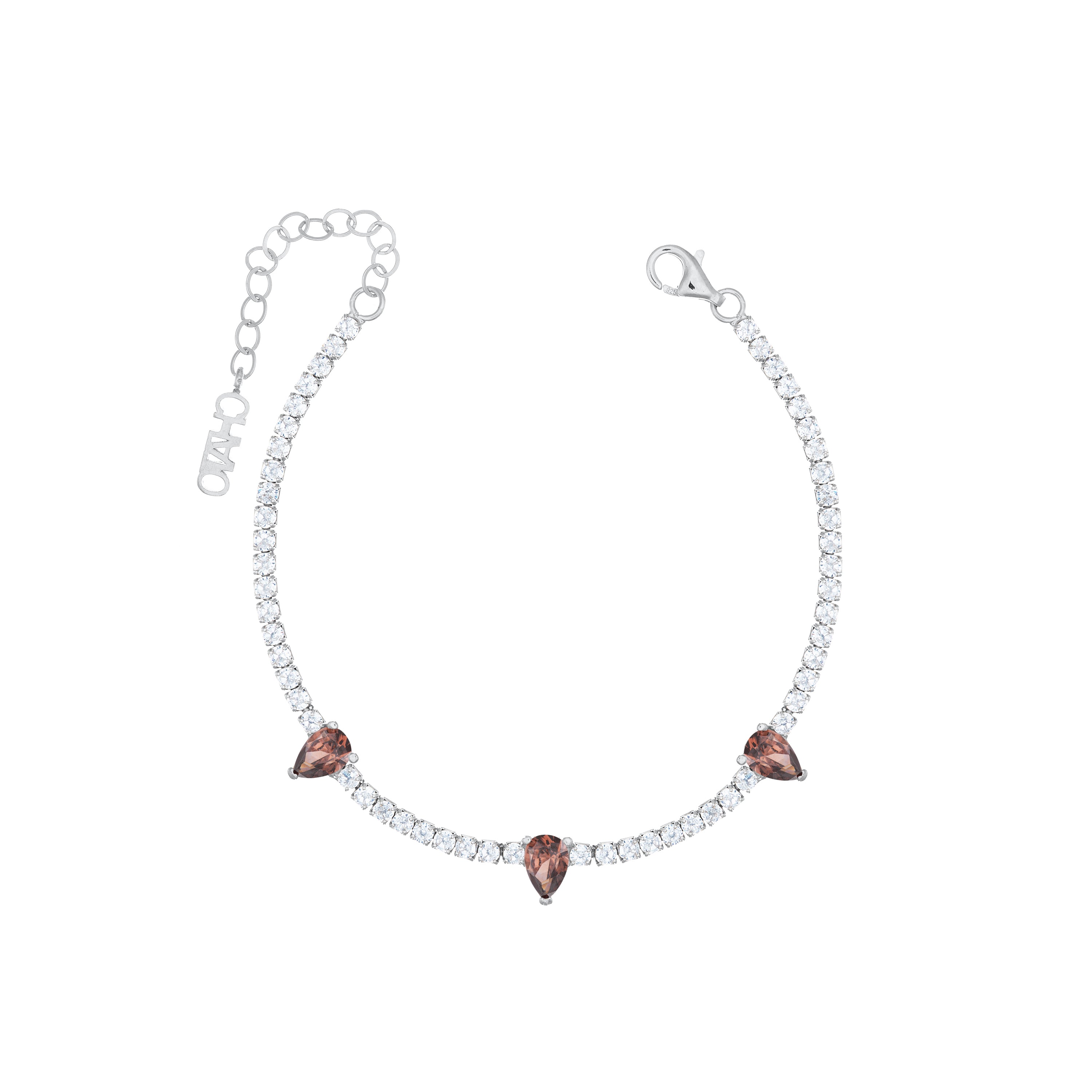 Three Teardrops Tennis Bracelet - Silver Brown And White