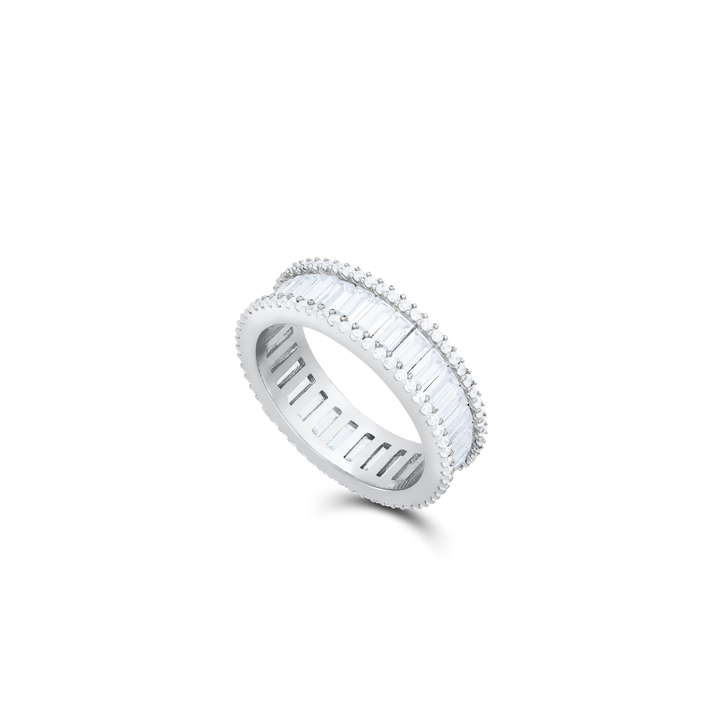 Two Parallel CZ Line With Baguette Eternity Ring - Siver White