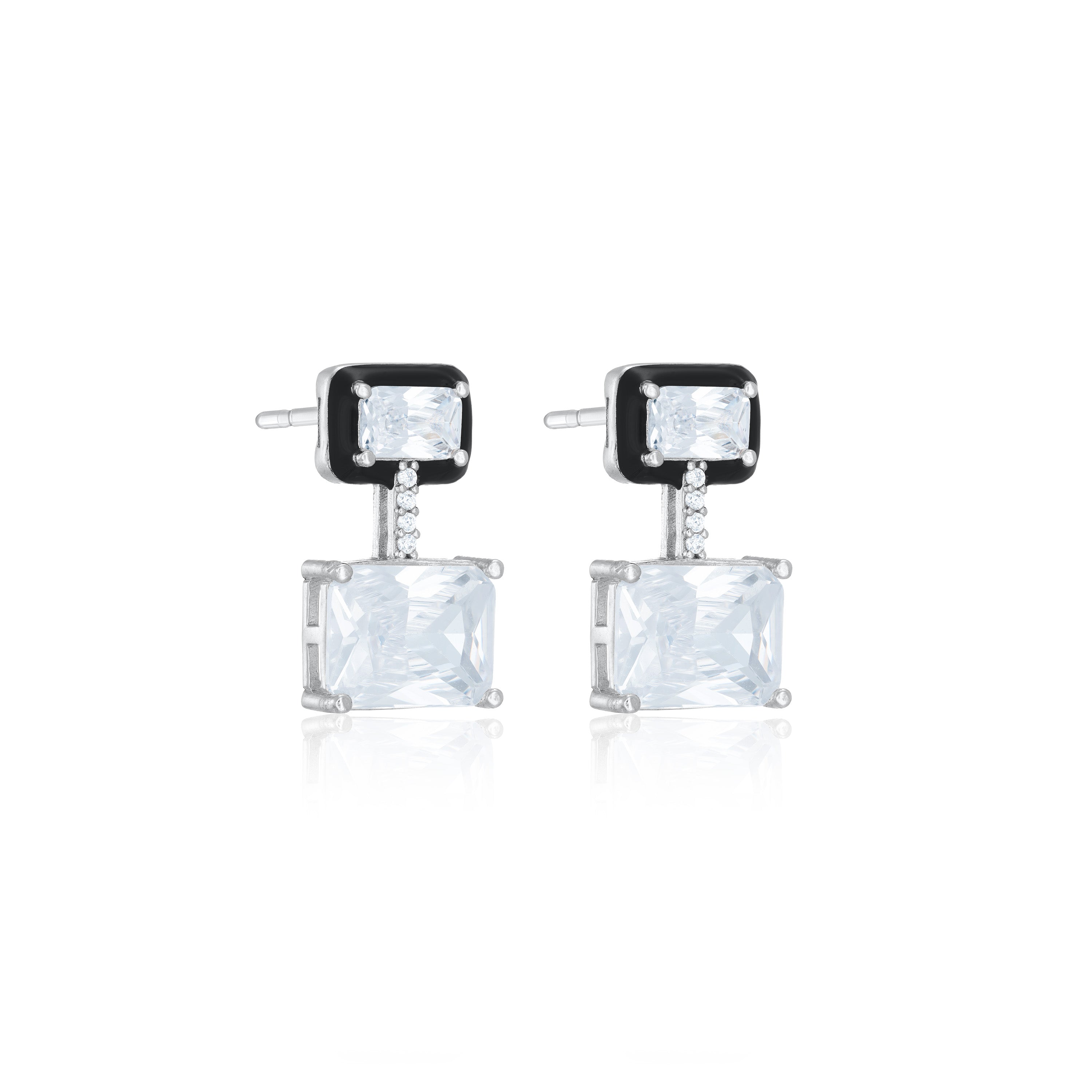 Two Rectangle Emerald And CZ Drop Enamel Earrings - Silver White