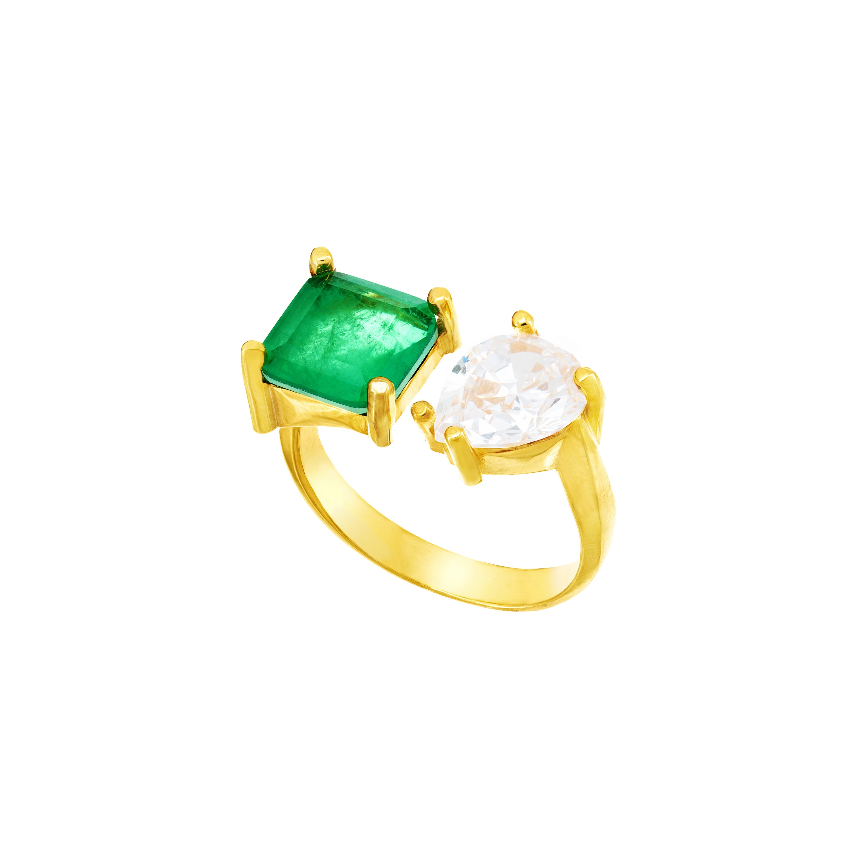 Two Stone Open Ring - Gold  Green And White - Teardrop And Square