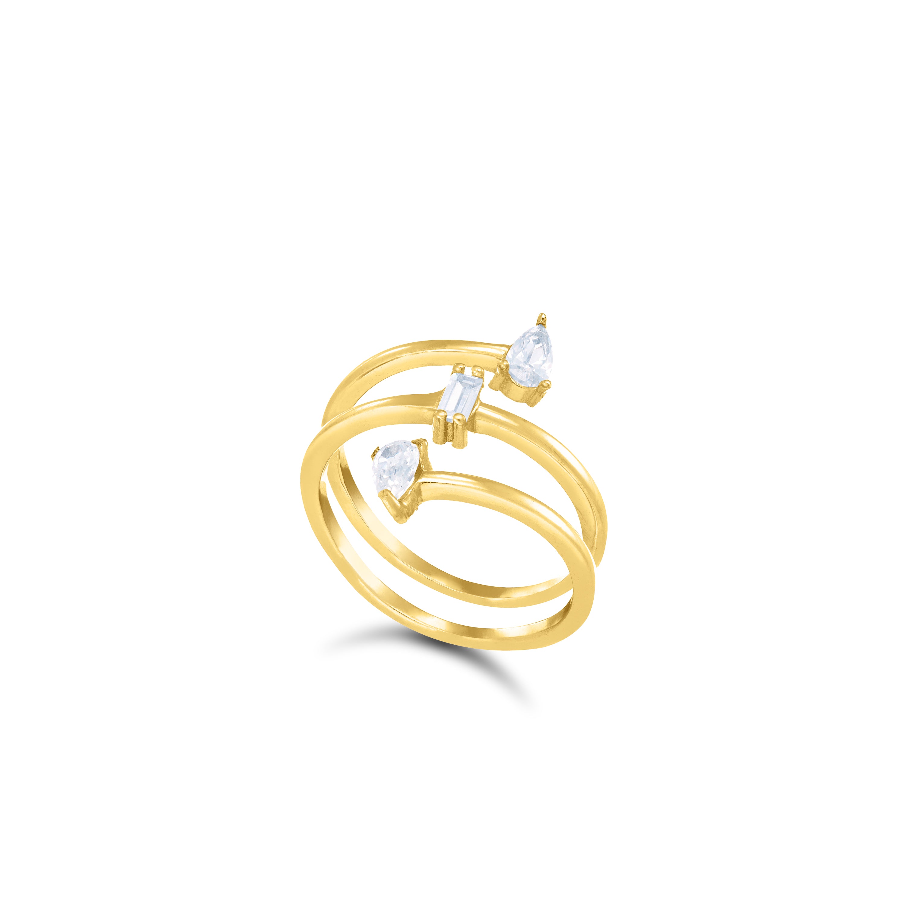 Two Teardrop And Baguette Spiral Ring - Gold White