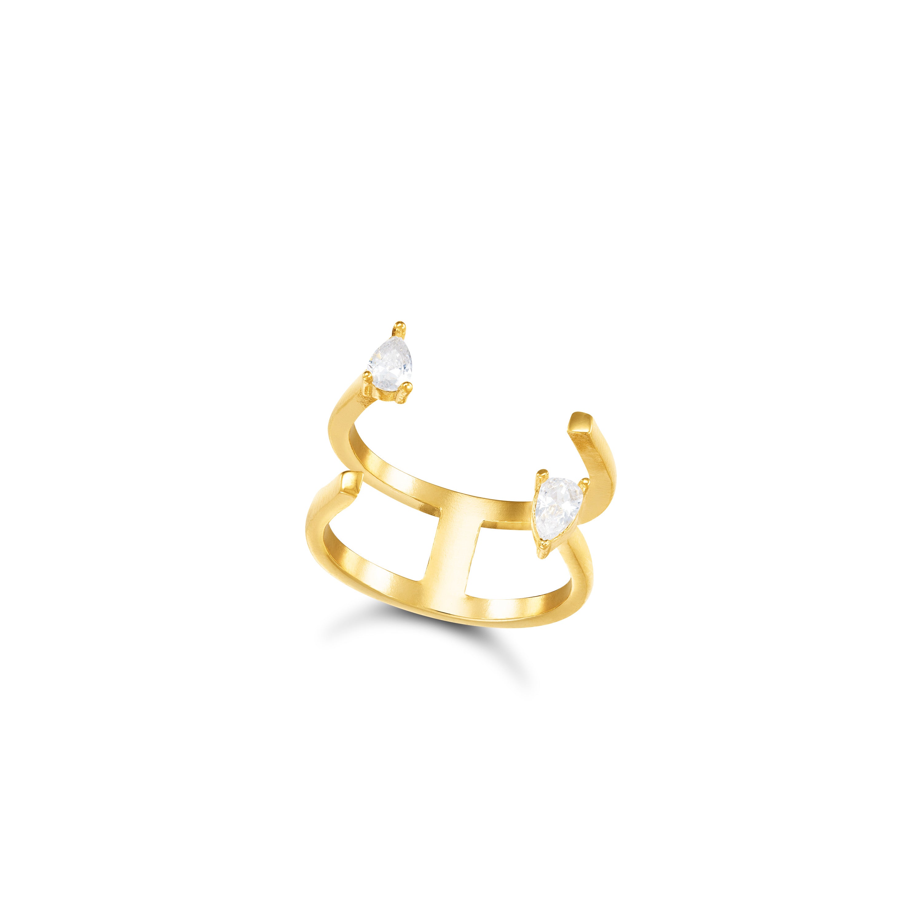 Two Teardrop Open Double Line Pinky Ring - Gold White