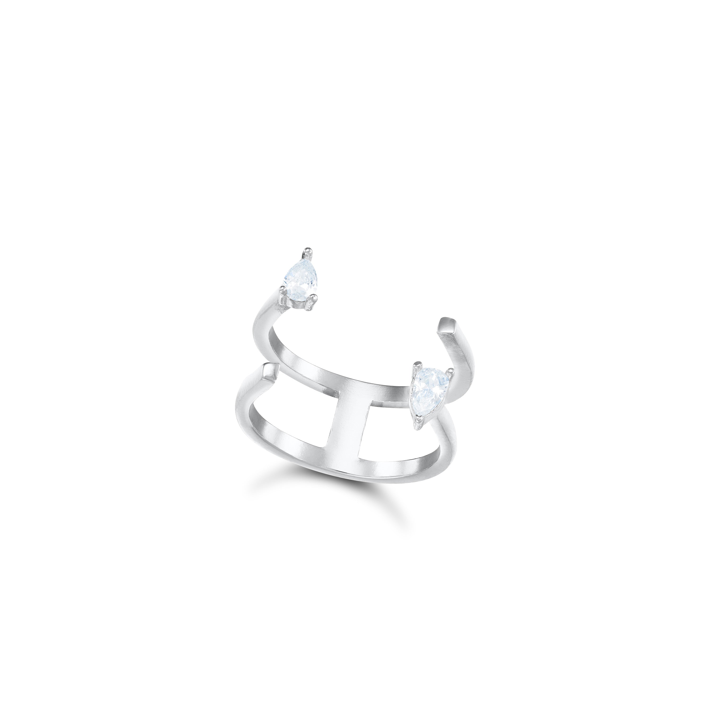 Two Teardrop Open Double Line Pinky Ring - Silver White