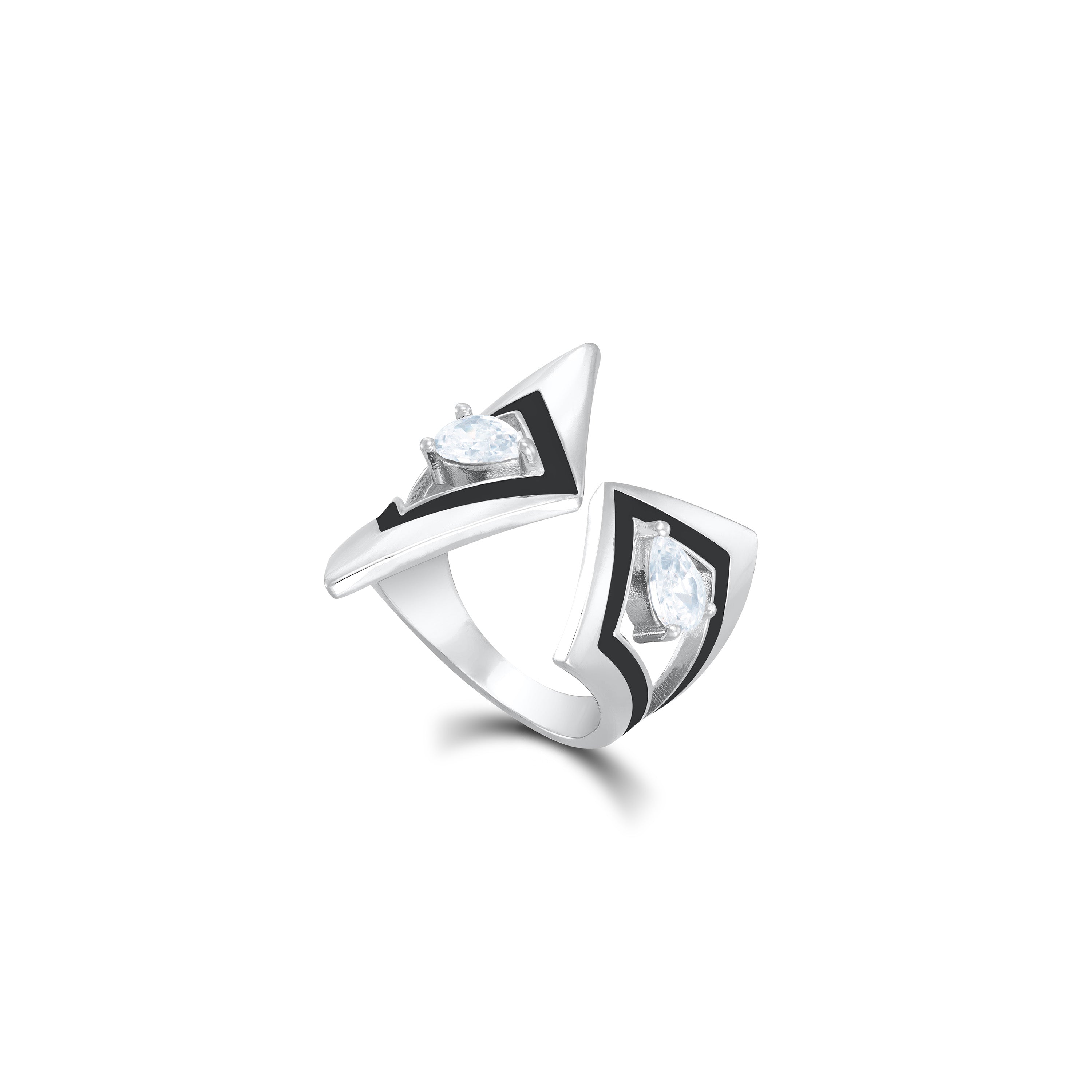 Two Teardrop Open Geometric Enamel Ring - Silver Black