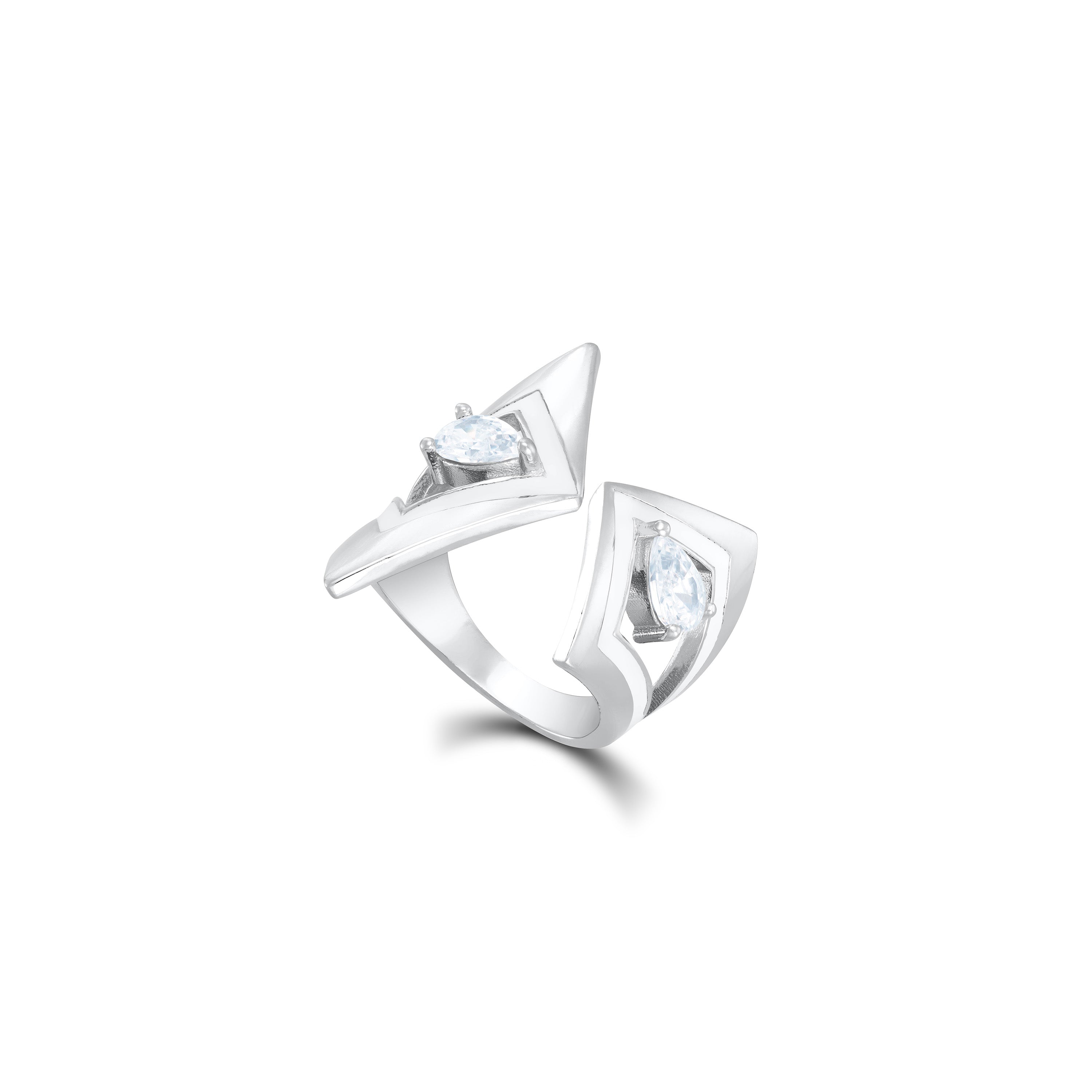 Two Teardrop Open Geometric Enamel Ring - Silver White