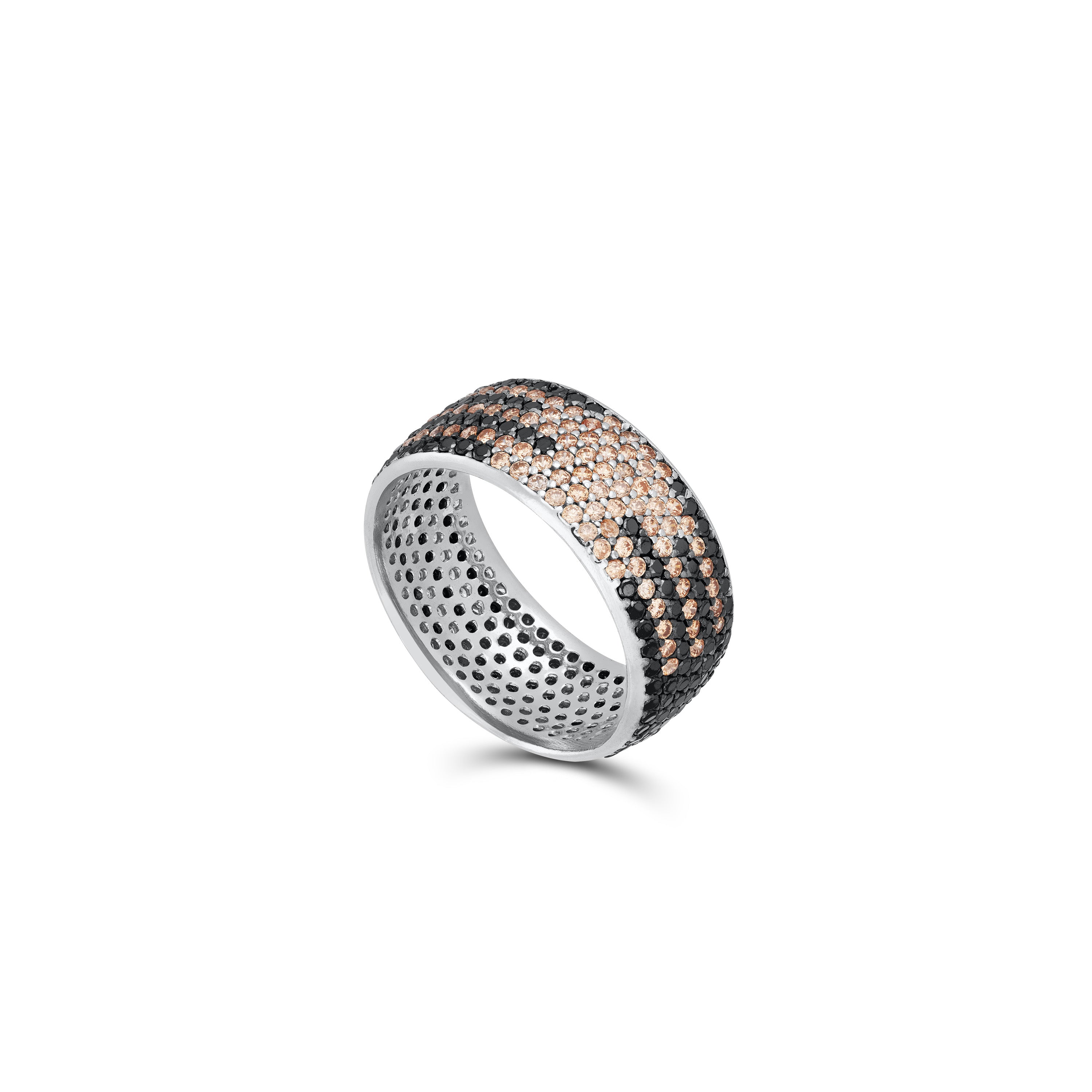 Zebra Cubic Zirconia Ring - Silver Black Champagne And White - Round