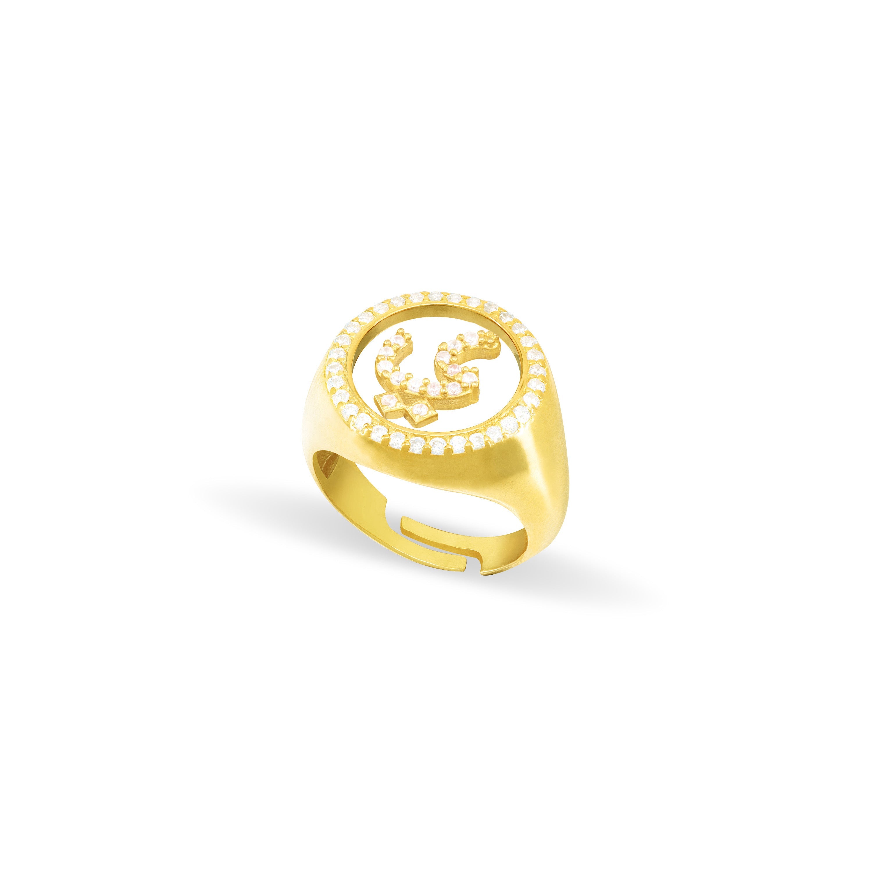 Cubic Zirconia Arabic Letter Circle Plexiglass Pinky Ring