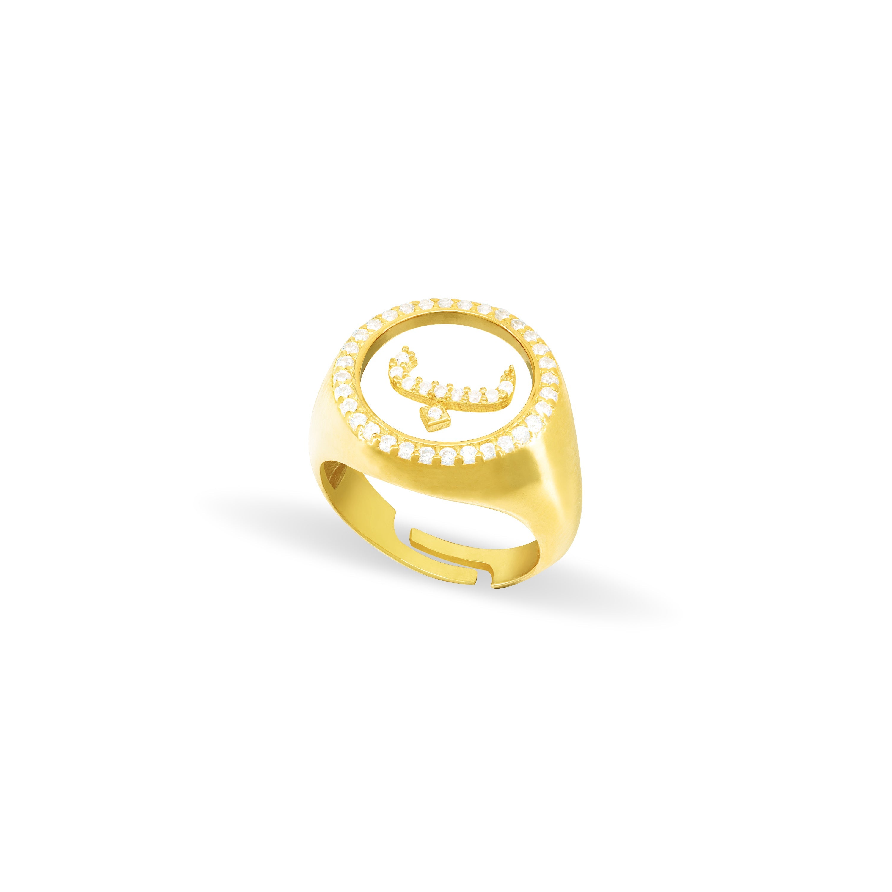 Cubic Zirconia Arabic Letter Circle Plexiglass Pinky Ring