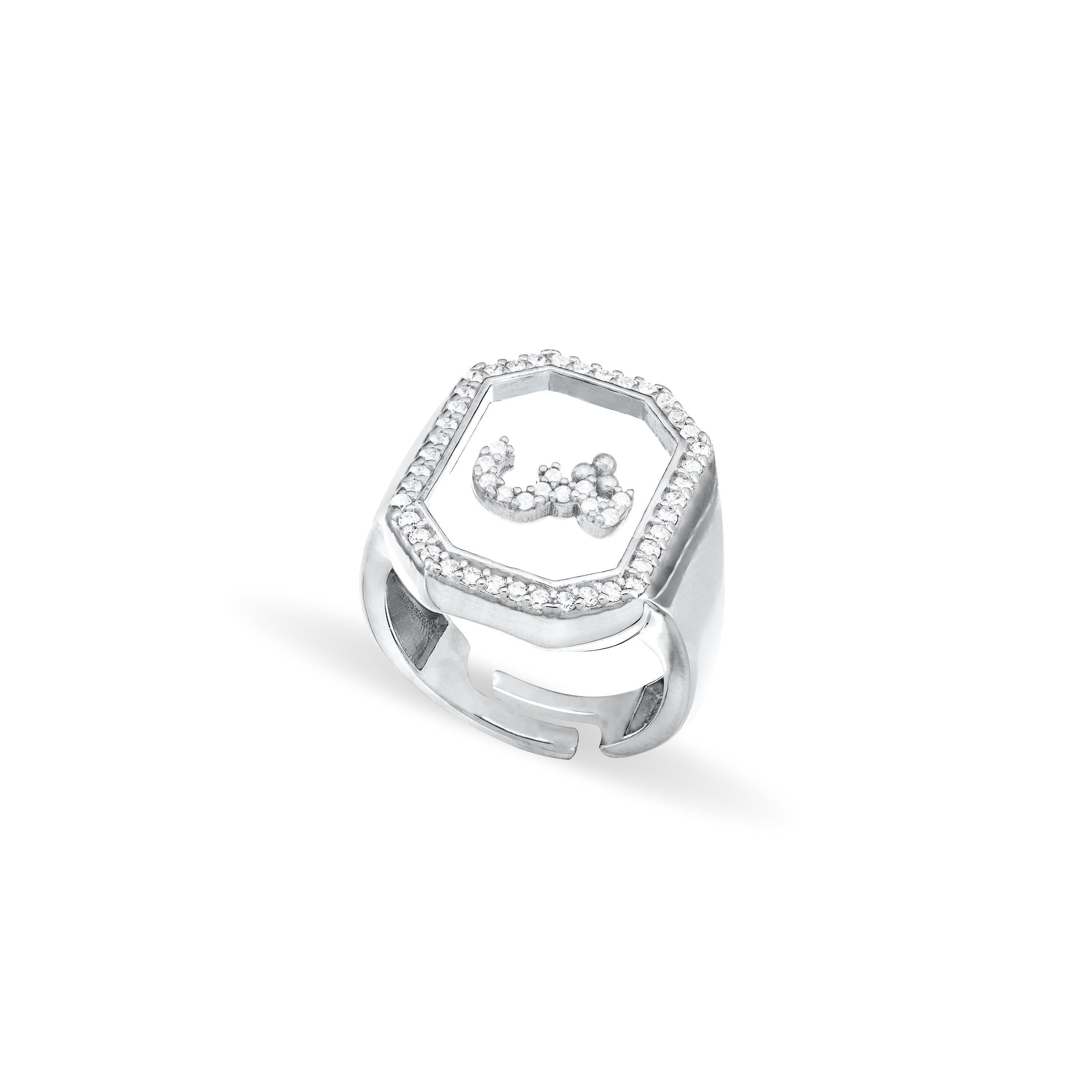 Cubic Zirconia Arabic Letter Square Plexiglass Ring