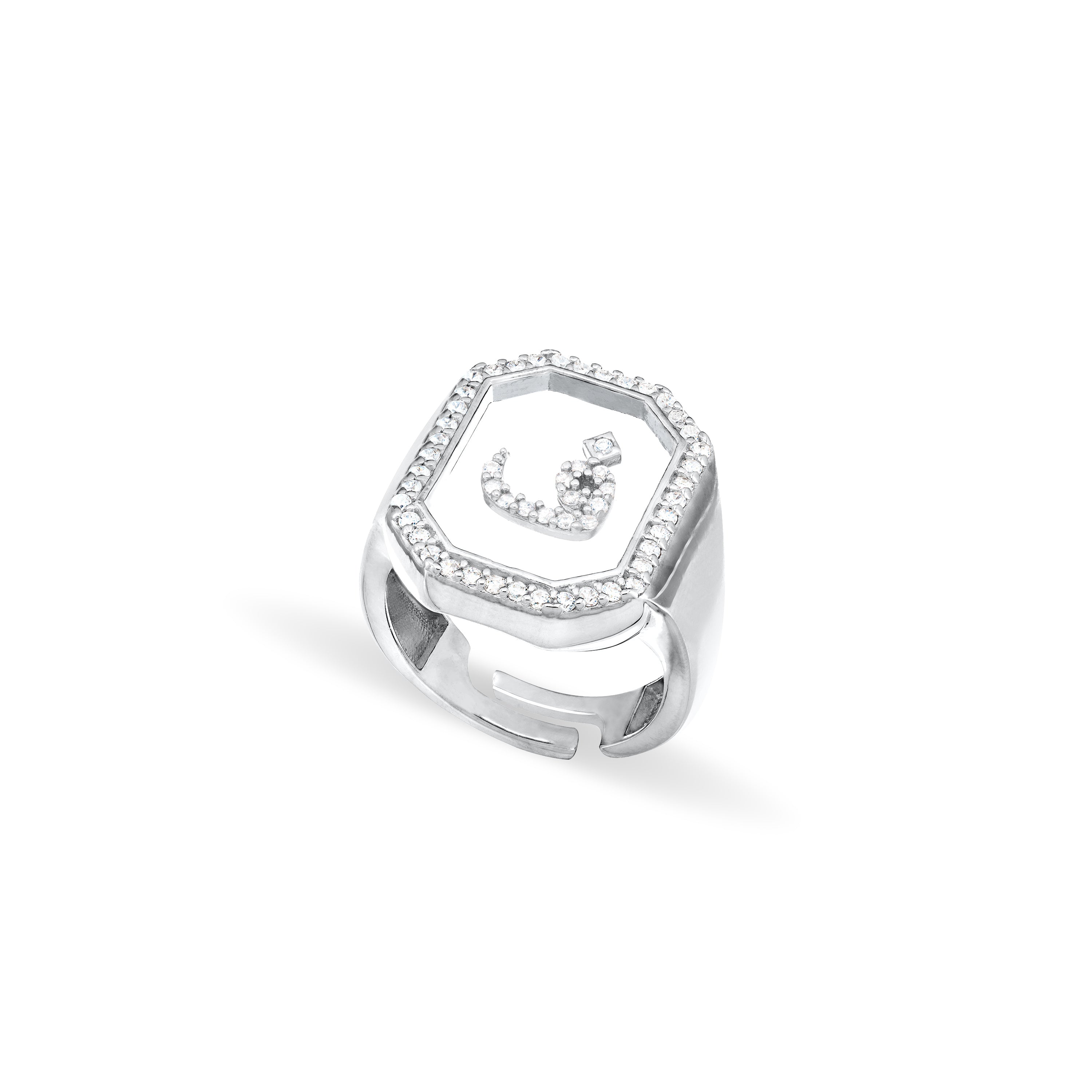 Cubic Zirconia Arabic Letter Square Plexiglass Ring