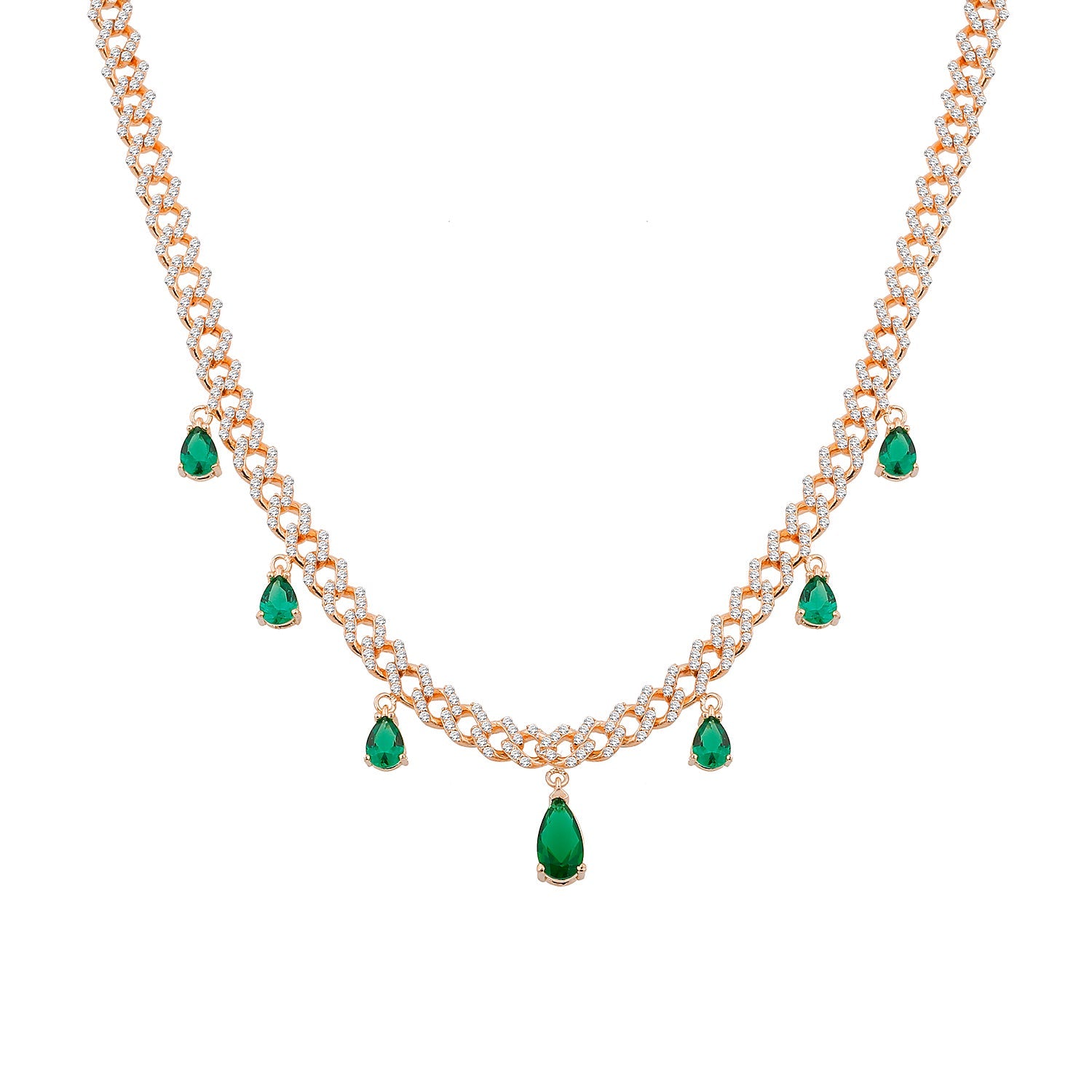 Multiple Emerald Teardrops Pave Curb Chain Choker