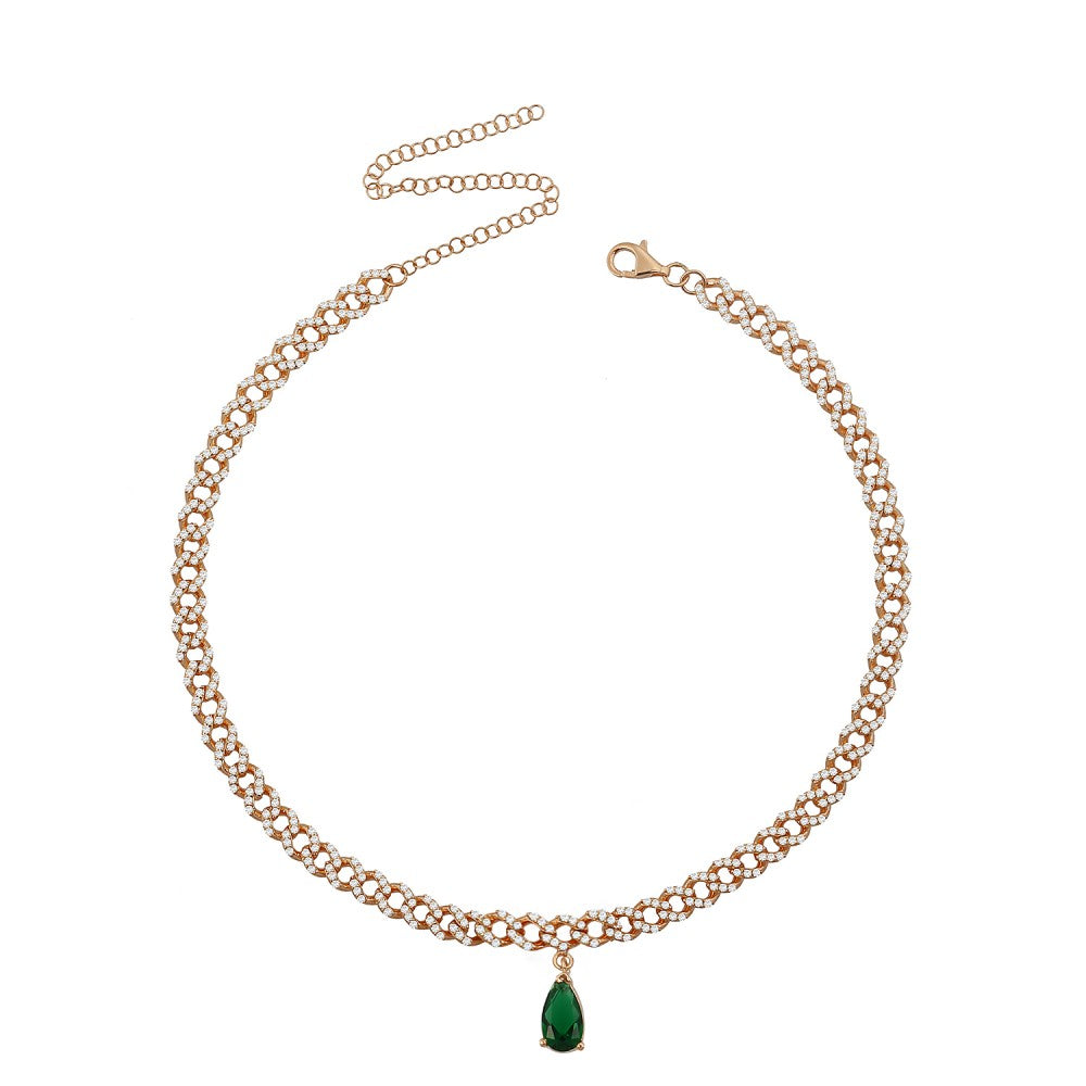 Single Emerald Teardrop Pave Curb Chain Choker