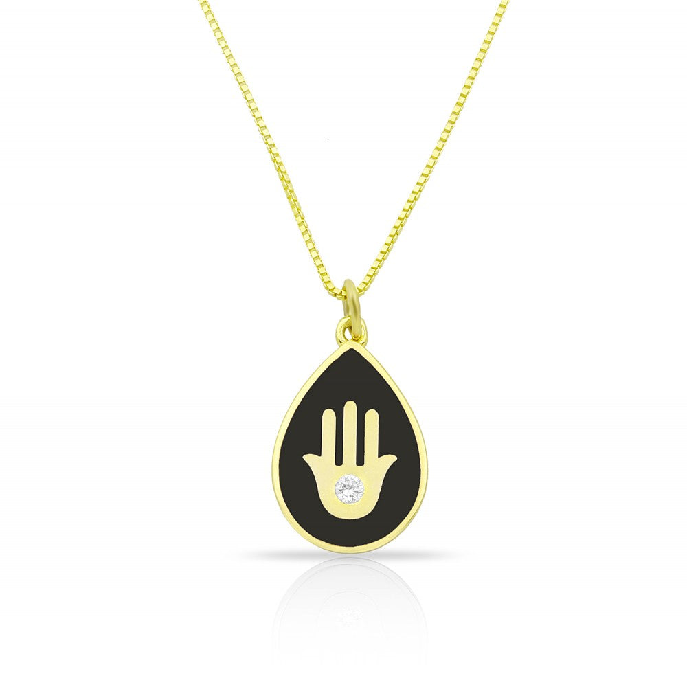 Tear Enamel Hamsa Hand With Drop Inside Necklace