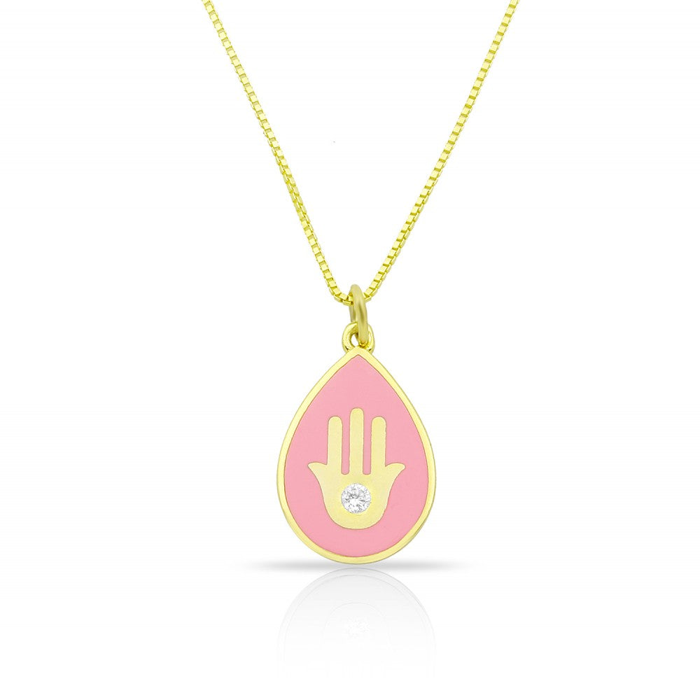 Tear Enamel Hamsa Hand With Drop Inside Necklace