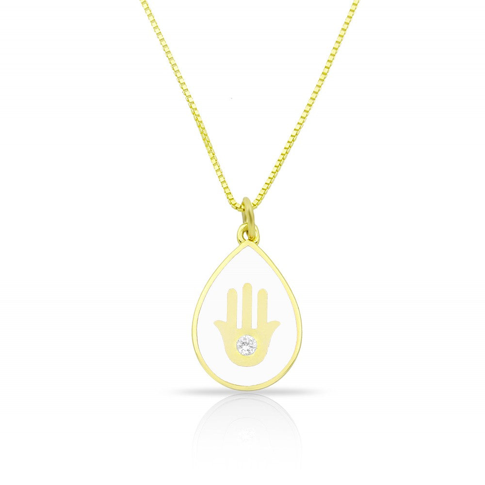 Tear Enamel Hamsa Hand With Drop Inside Necklace